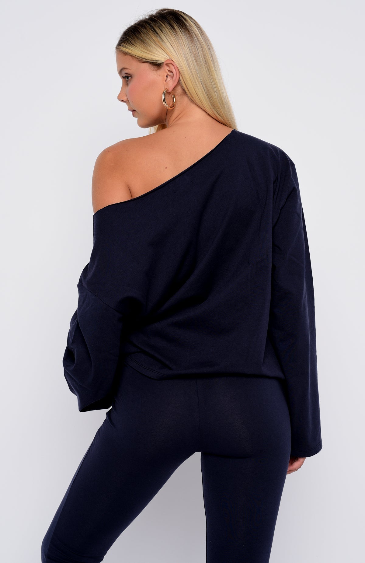 White Fox Topic Of Discussion Off Shoulder Oversized Long Sleeve Tee Navy