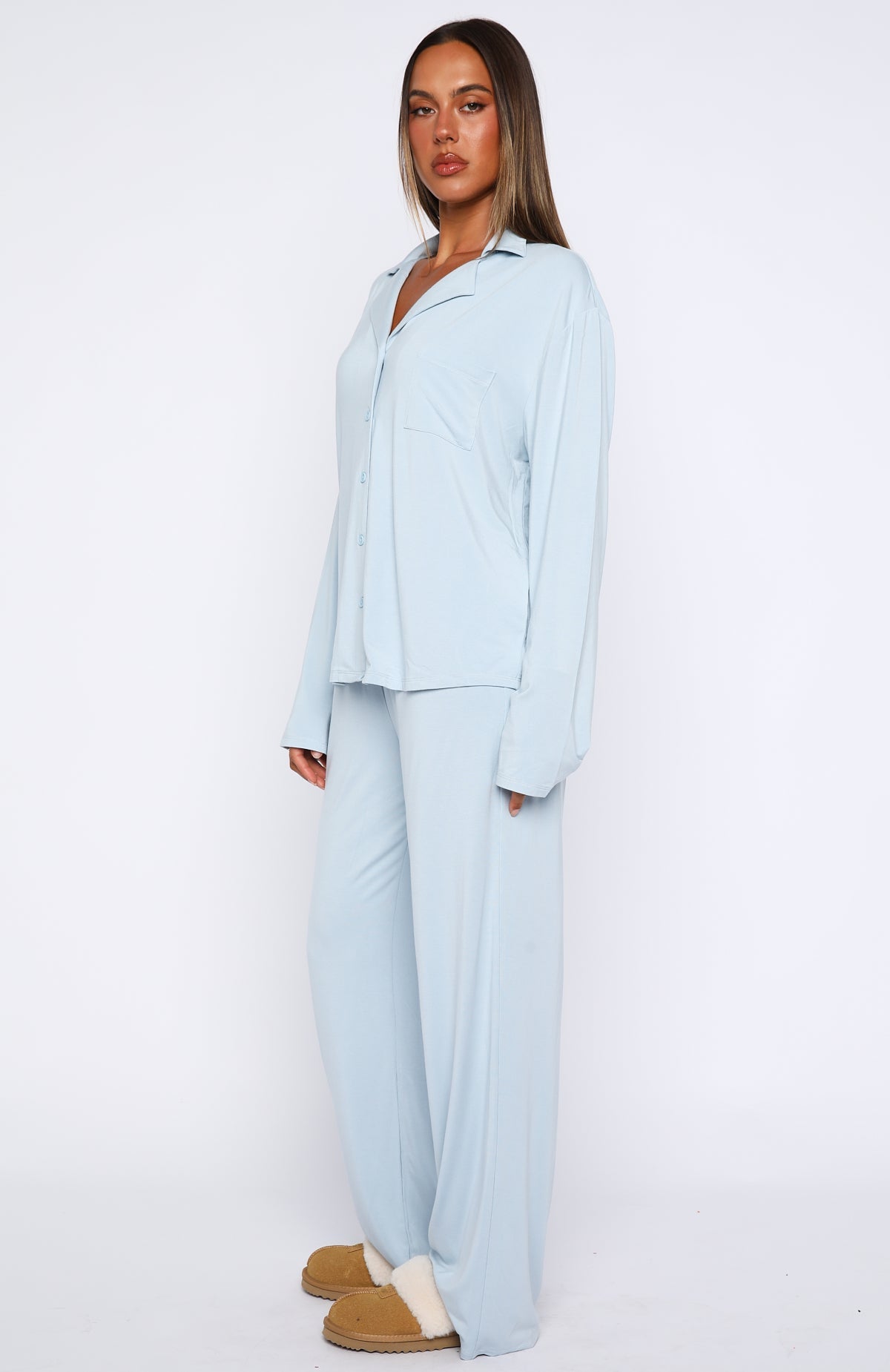 White Fox Pillow Talk Long Sleeve Pyjama Set Dusty Blue