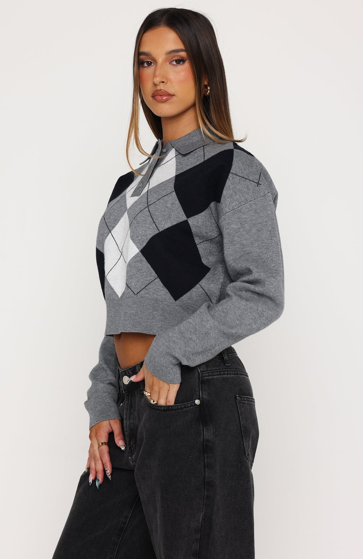 White Fox Cinzia Argyle Knit Sweater Navy Winter
