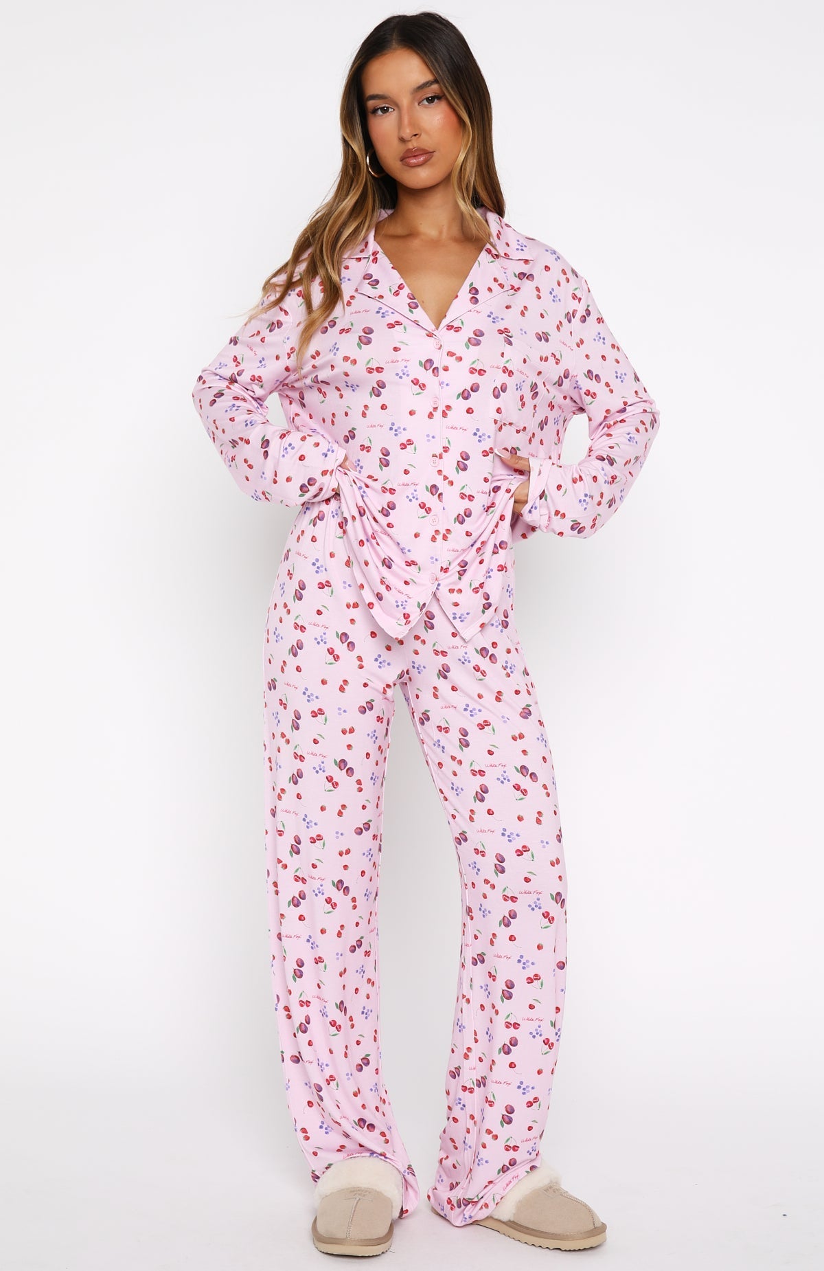 White Fox Pillow Talk Printed Long Sleeve Pyjama Set Pink Berries