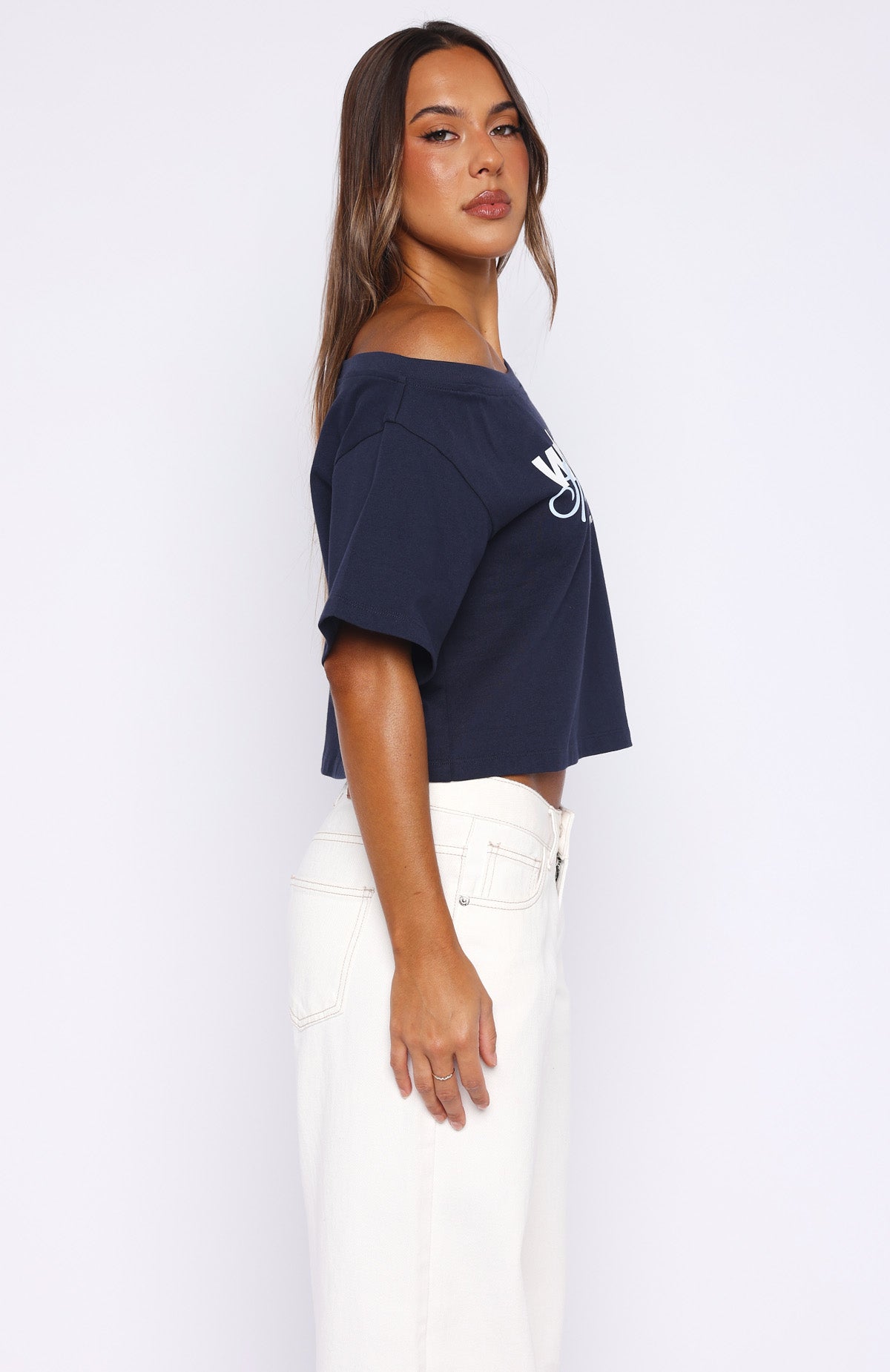 White Fox I've Got That Feeling Boxy Off Shoulder Tee Navy