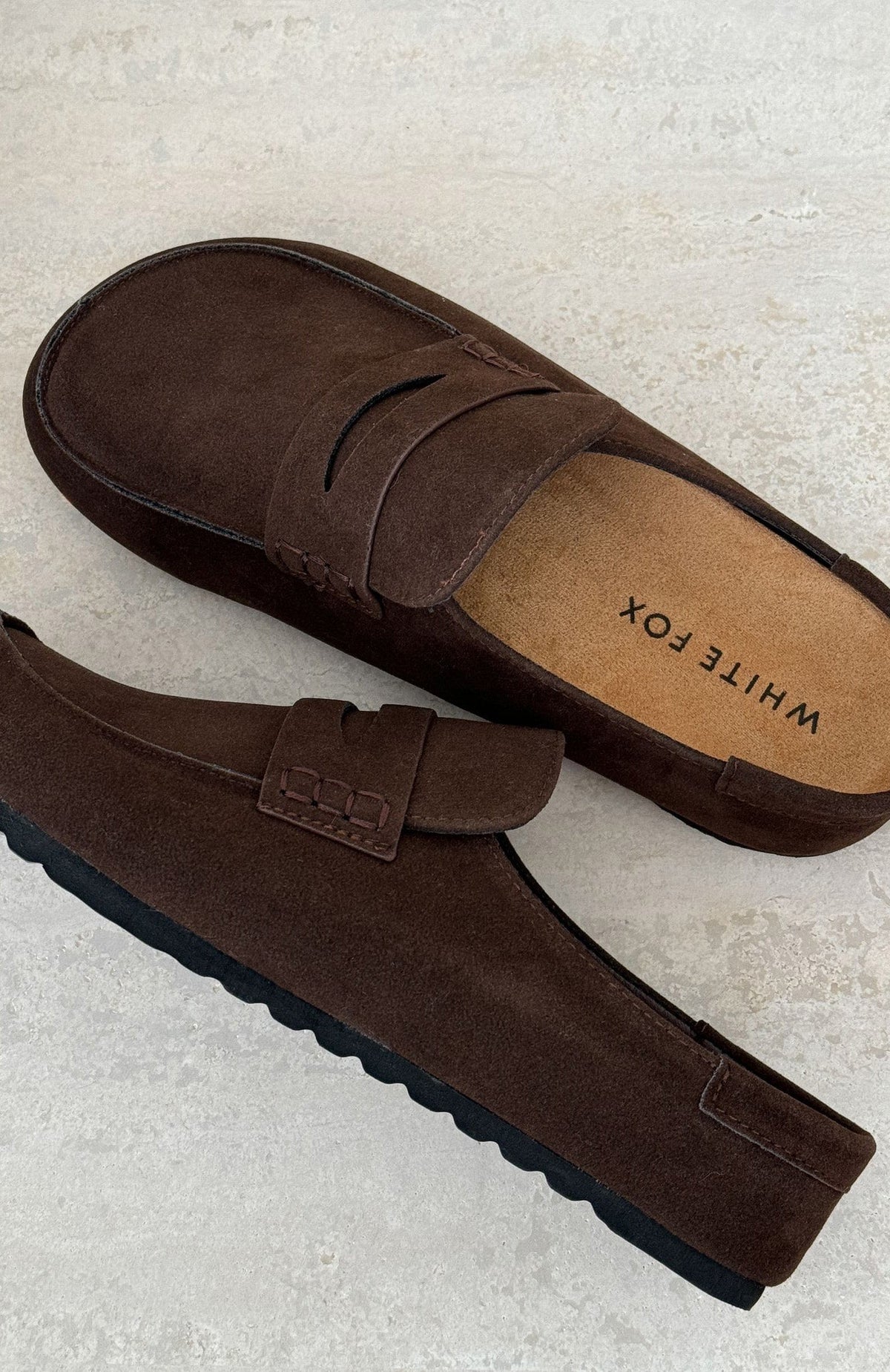 White Fox Cayson Loafer Slides Chocolate Faux Suede