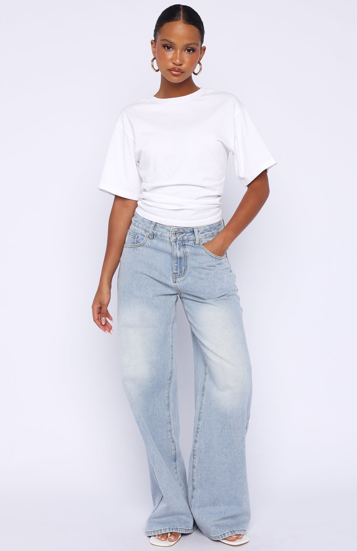 White Fox Just My Type Mid Rise Wide Leg Jeans Light Blue Wash
