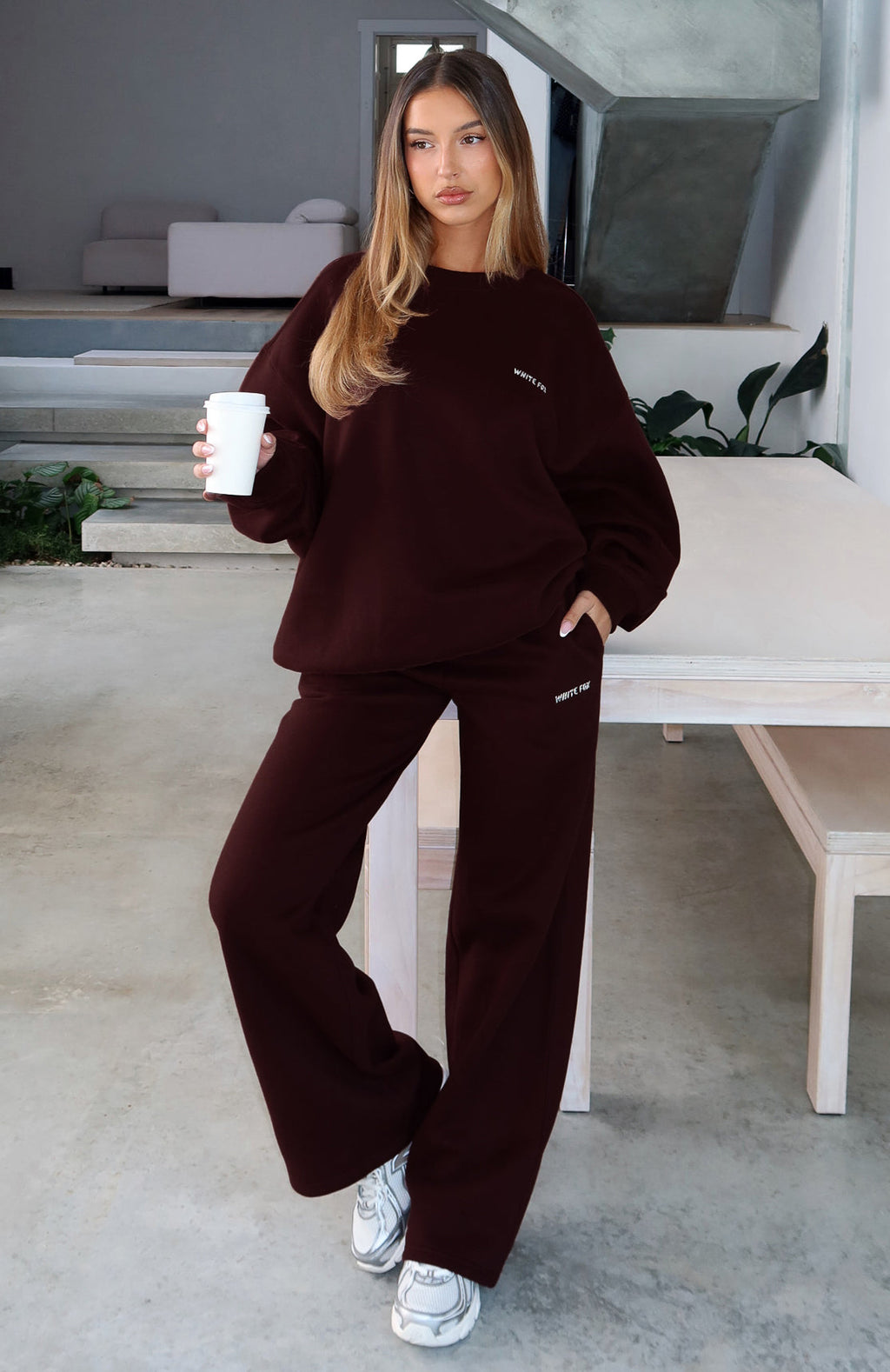 White Fox Test Drive Wide Leg Sweatpants Chocolate