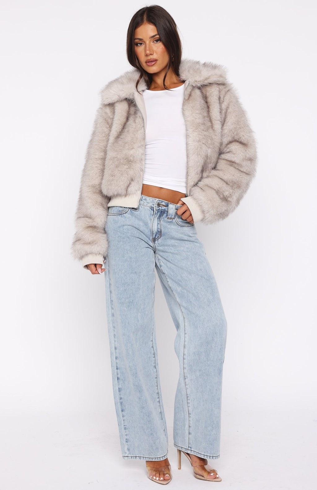 White Fox Glacial Chic Faux Fur Bomber Jacket Smokey Taupe