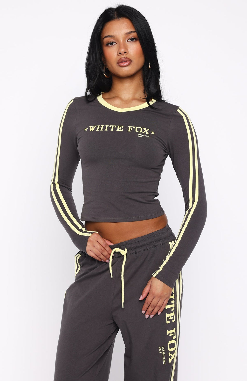 White Fox Star Of The Night Long Sleeve V Neck Baby Tee Charcoal