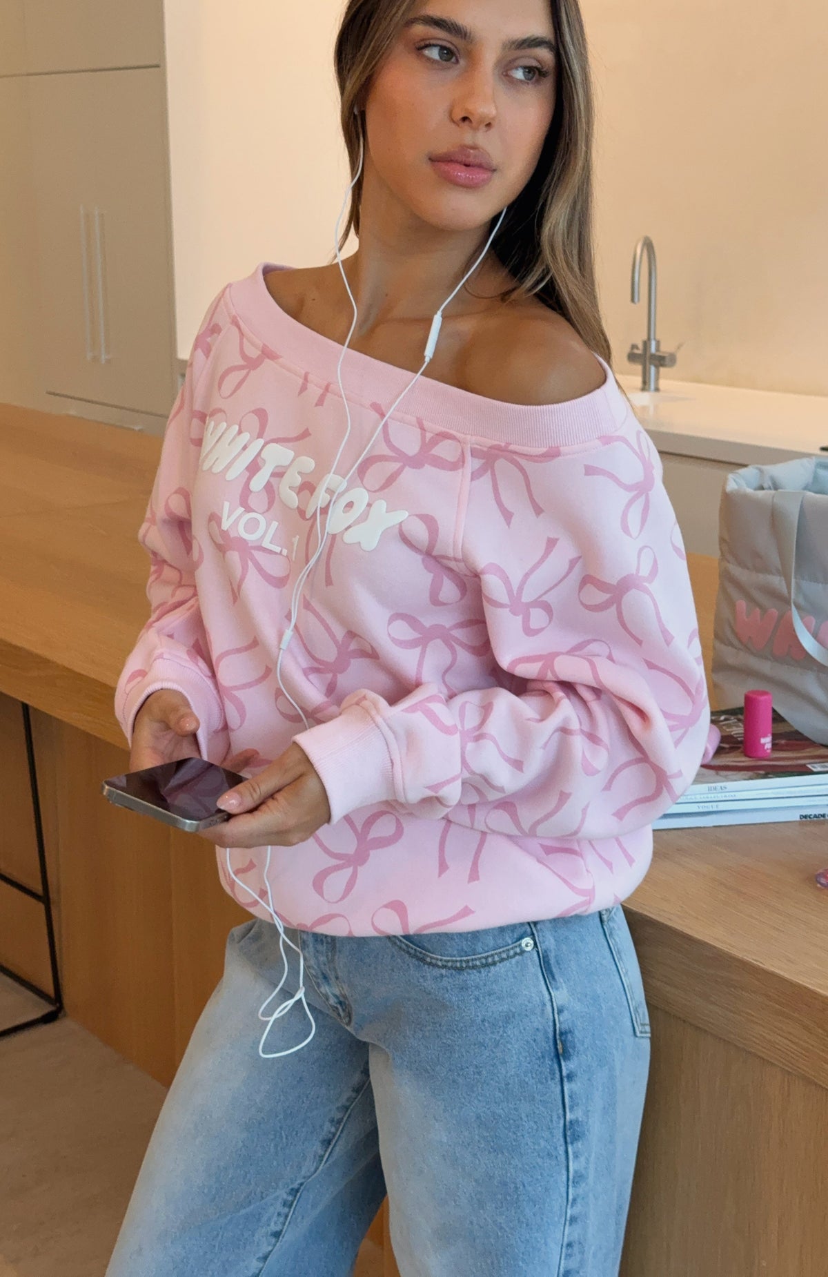 White Fox Vol. 1 Off Shoulder Printed Sweater Posy Bow