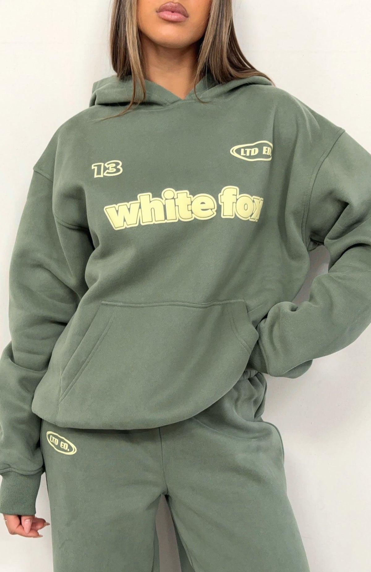 White Fox Ready To Go Oversized Hoodie Khaki
