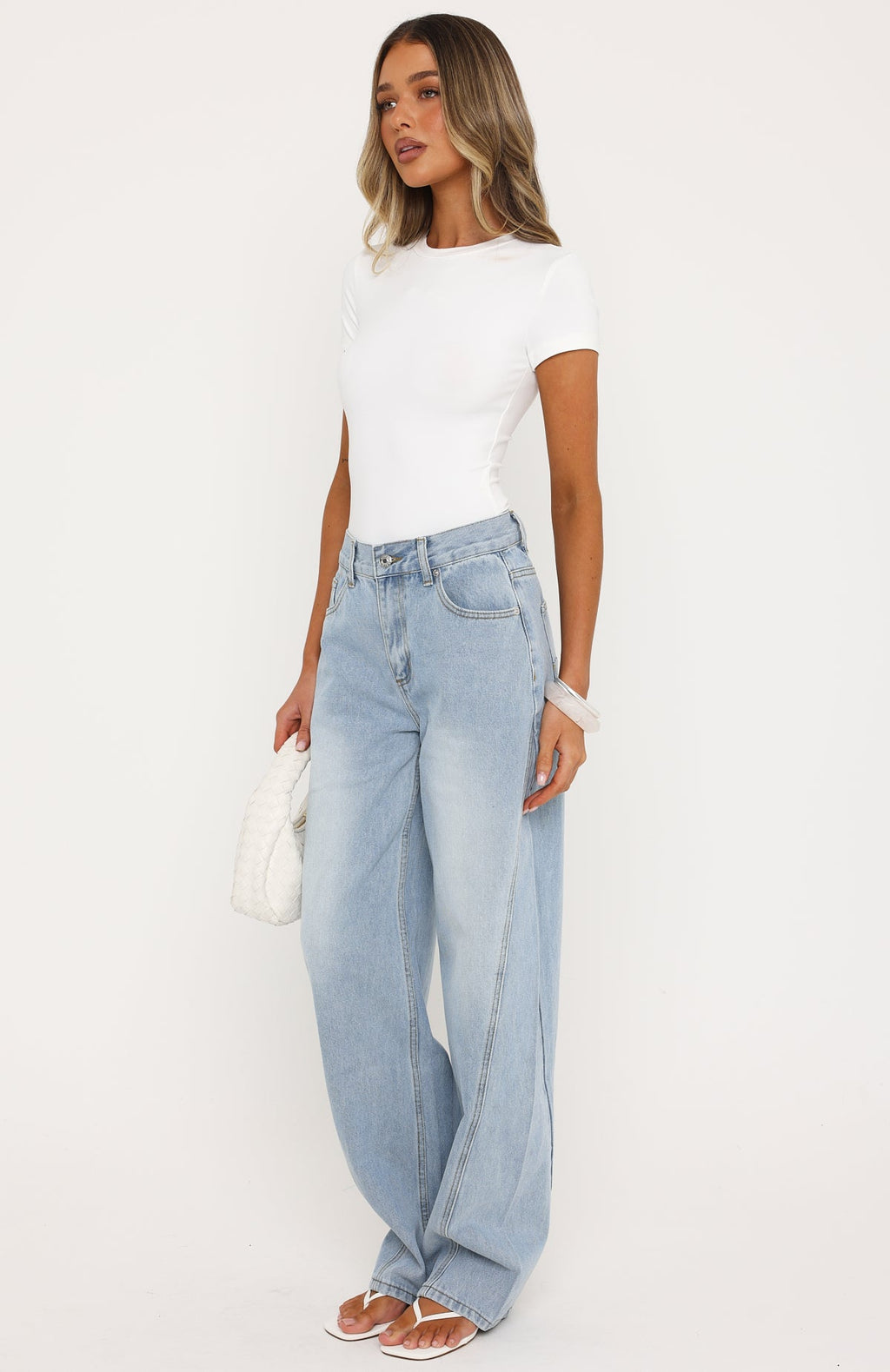 White Fox Jessica Mid Rise Barrel Leg Jeans Light Blue Wash