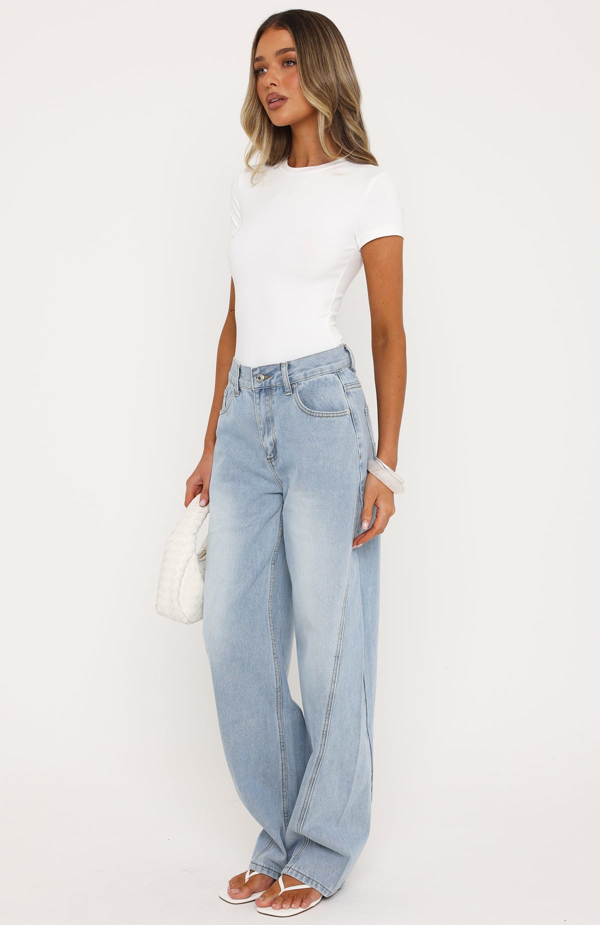 White Fox Jessica Mid Rise Barrel Leg Jeans Light Blue Wash