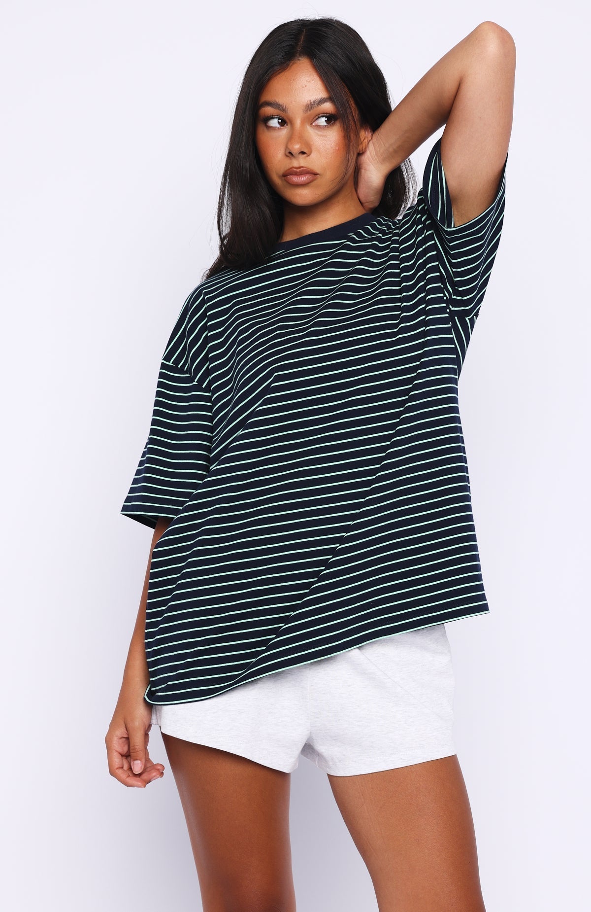 White Fox Touchdown Oversized Tee Navy/Mint Stripe