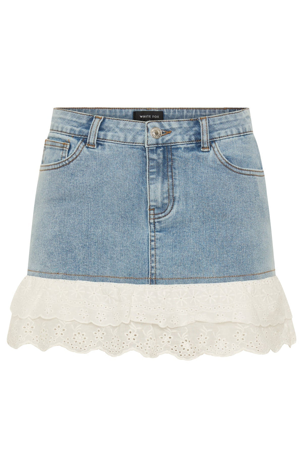White Fox Run It Up Frill Denim Mini Skirt Light Blue Wash