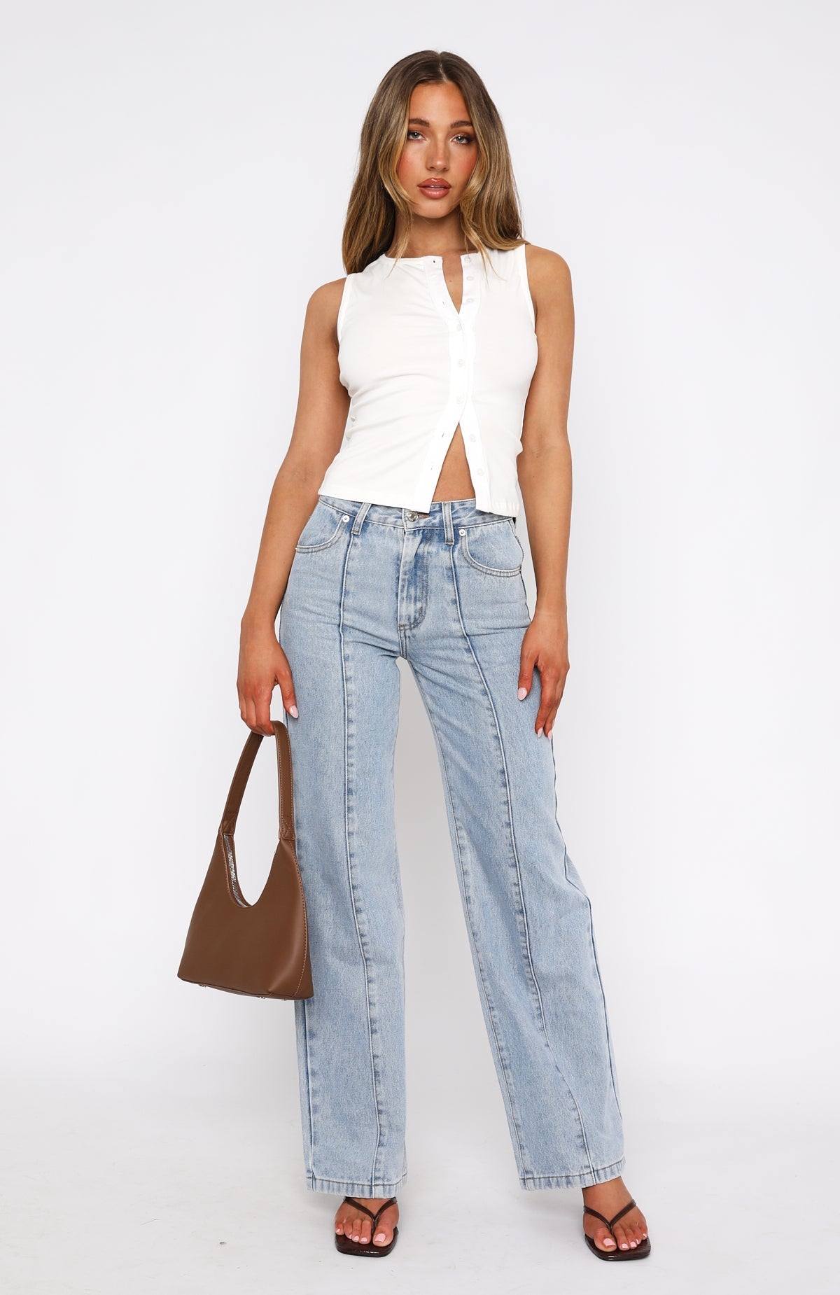 White Fox Layla Mid Rise Straight Leg Jeans Light Blue Wash
