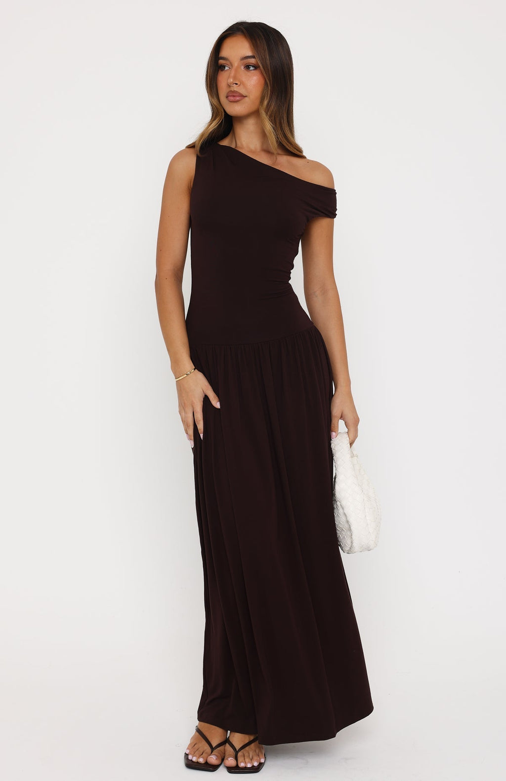 White Fox Don't Ask Off Shoulder Maxi Dress Dark Chocolate