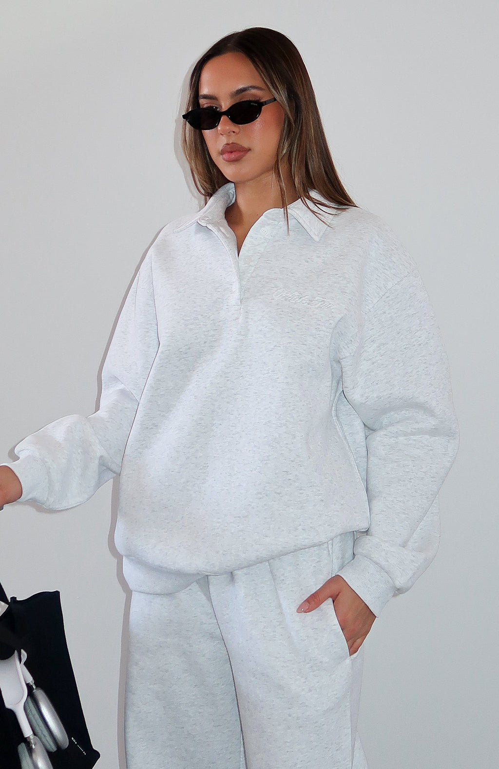 White Fox Chill Moves Oversized Henley Sweater Grey Marle