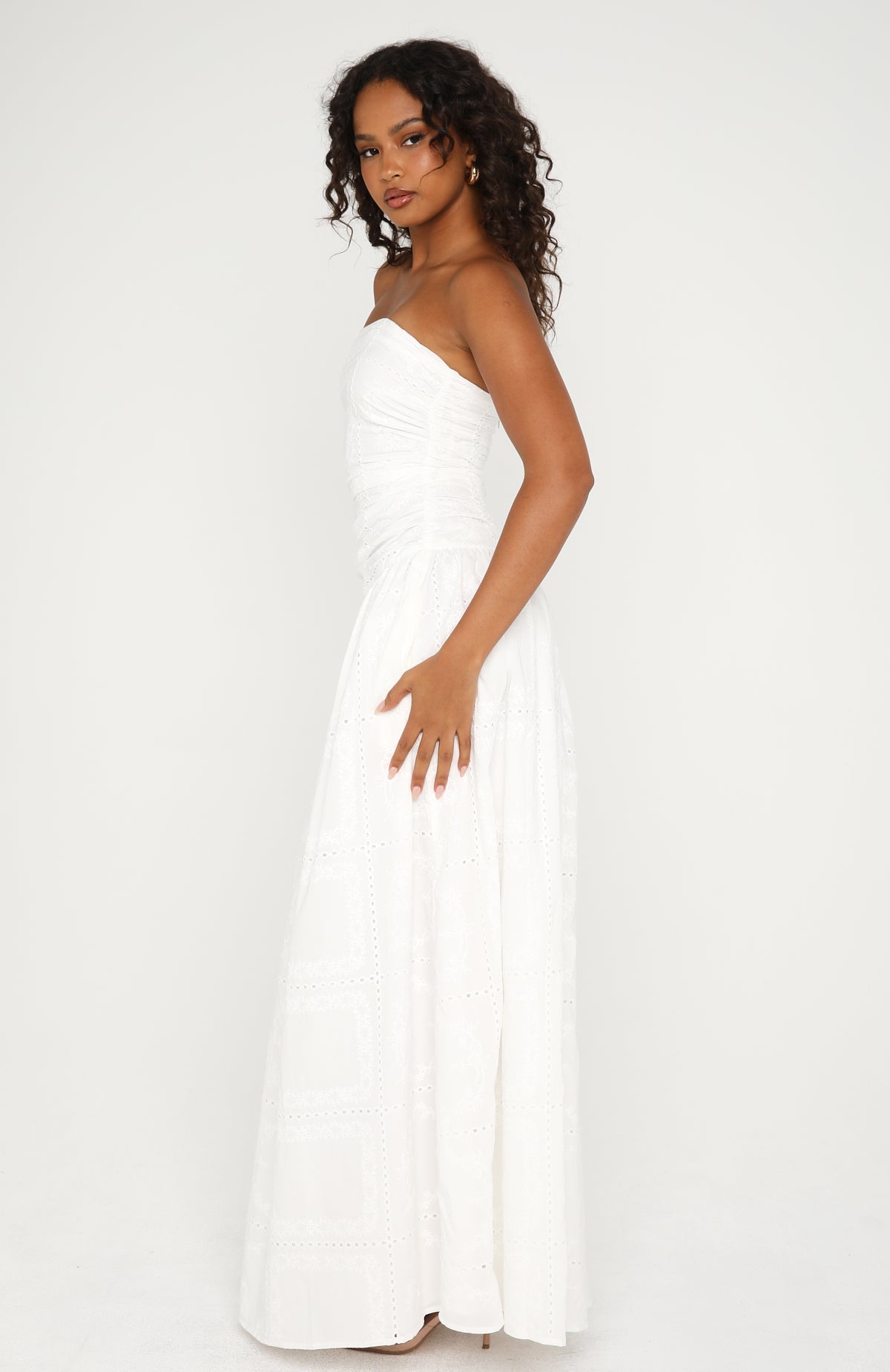 White Fox Bittersweet Babe Strapless Broderie Maxi Dress White