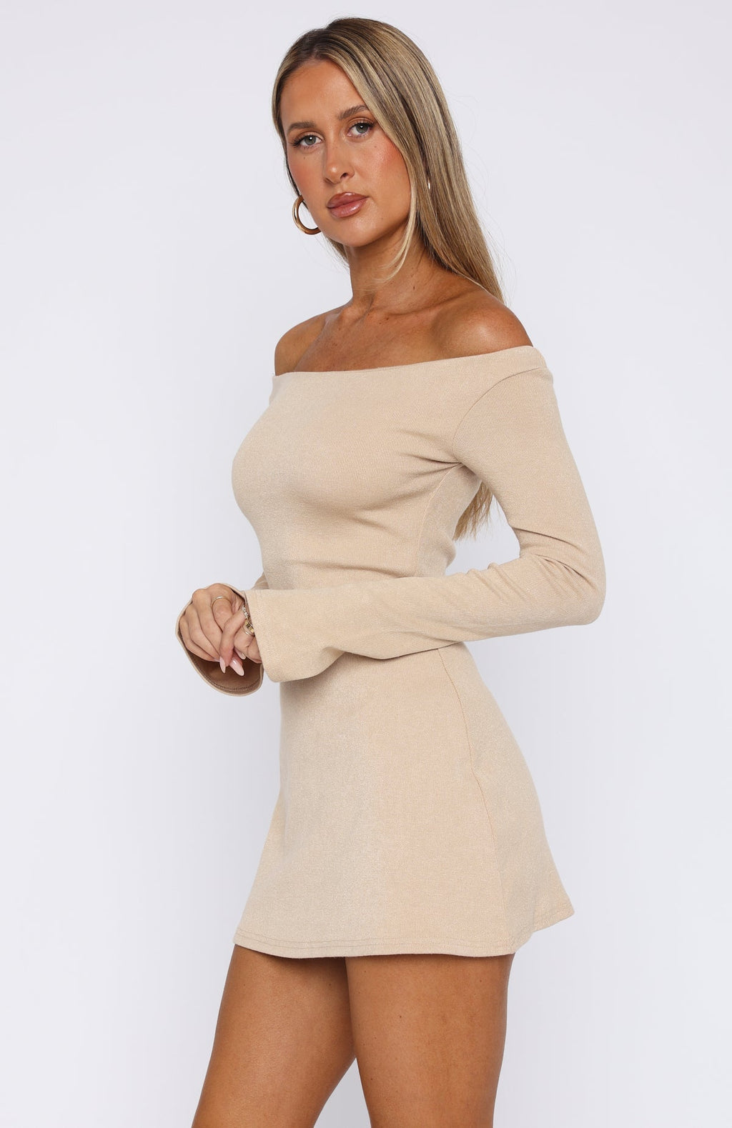 White Fox I'm Not Yours Long Sleeve Mini Dress Beige