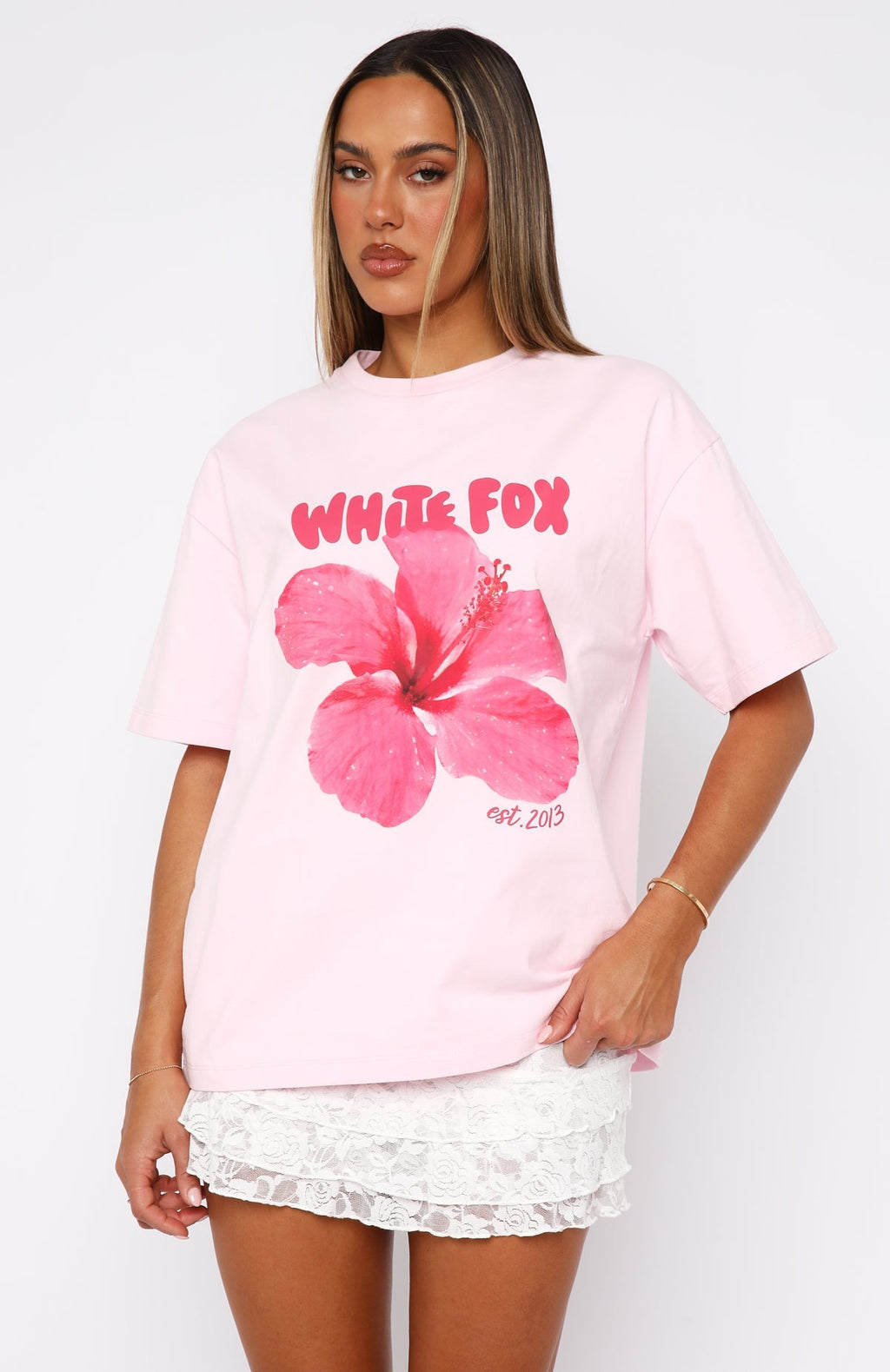 White Fox With Love & Romance Oversized Tee Baby Pink