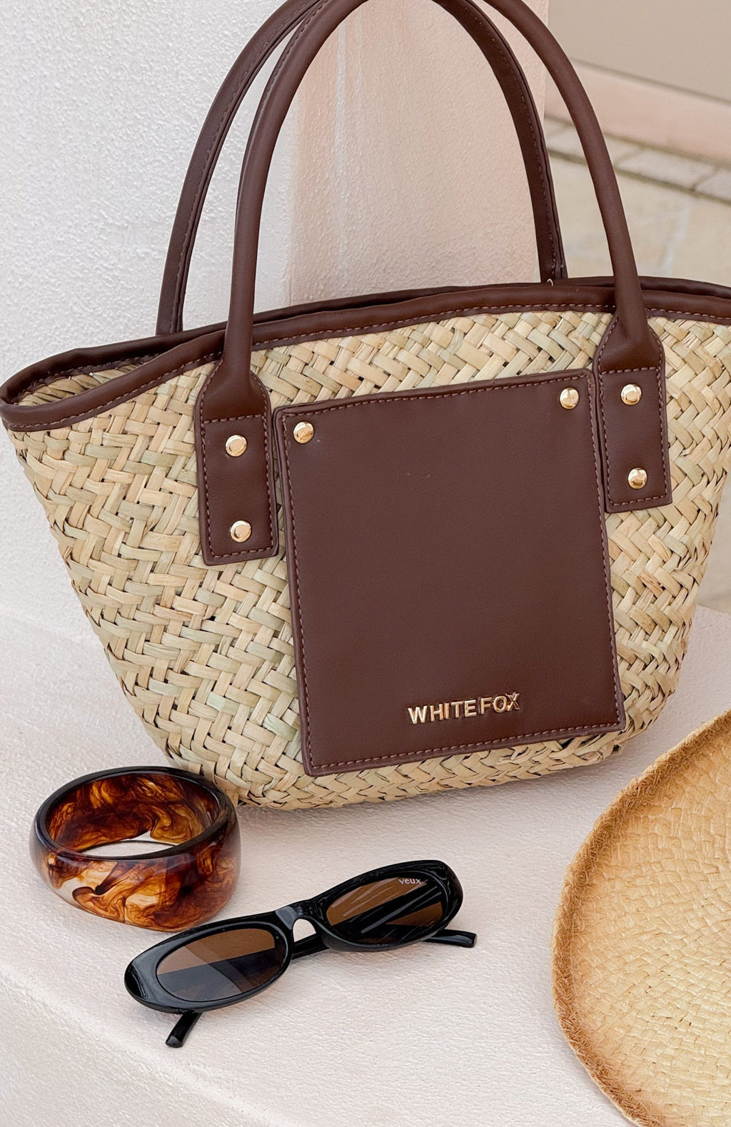 White Fox Vivienne Straw Top Handle Bag Chocolate