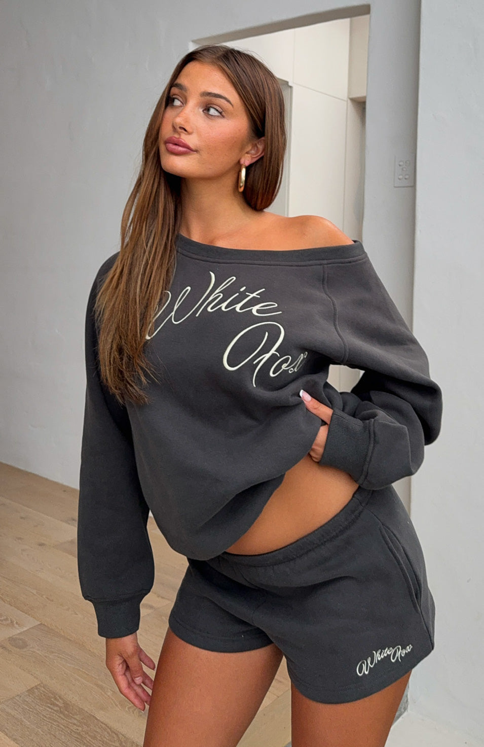 White Fox Lucky Thirteen Elsa Off Shoulder Sweater Charcoal