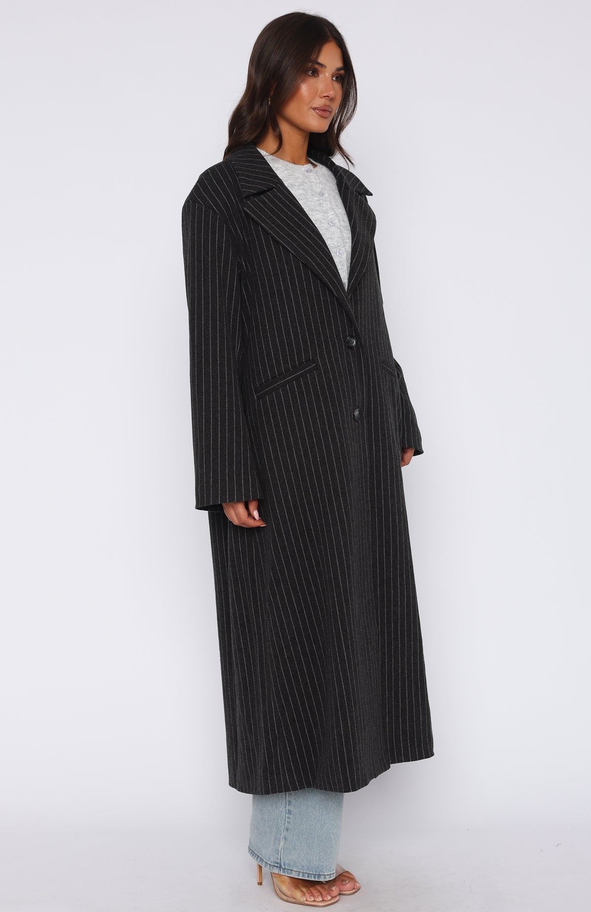 White Fox Walk By Me Oversized Coat Charcoal Pinstripe