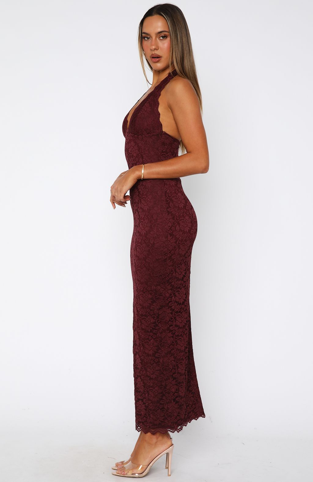 White Fox Destiny Lace Maxi Dress Burgundy