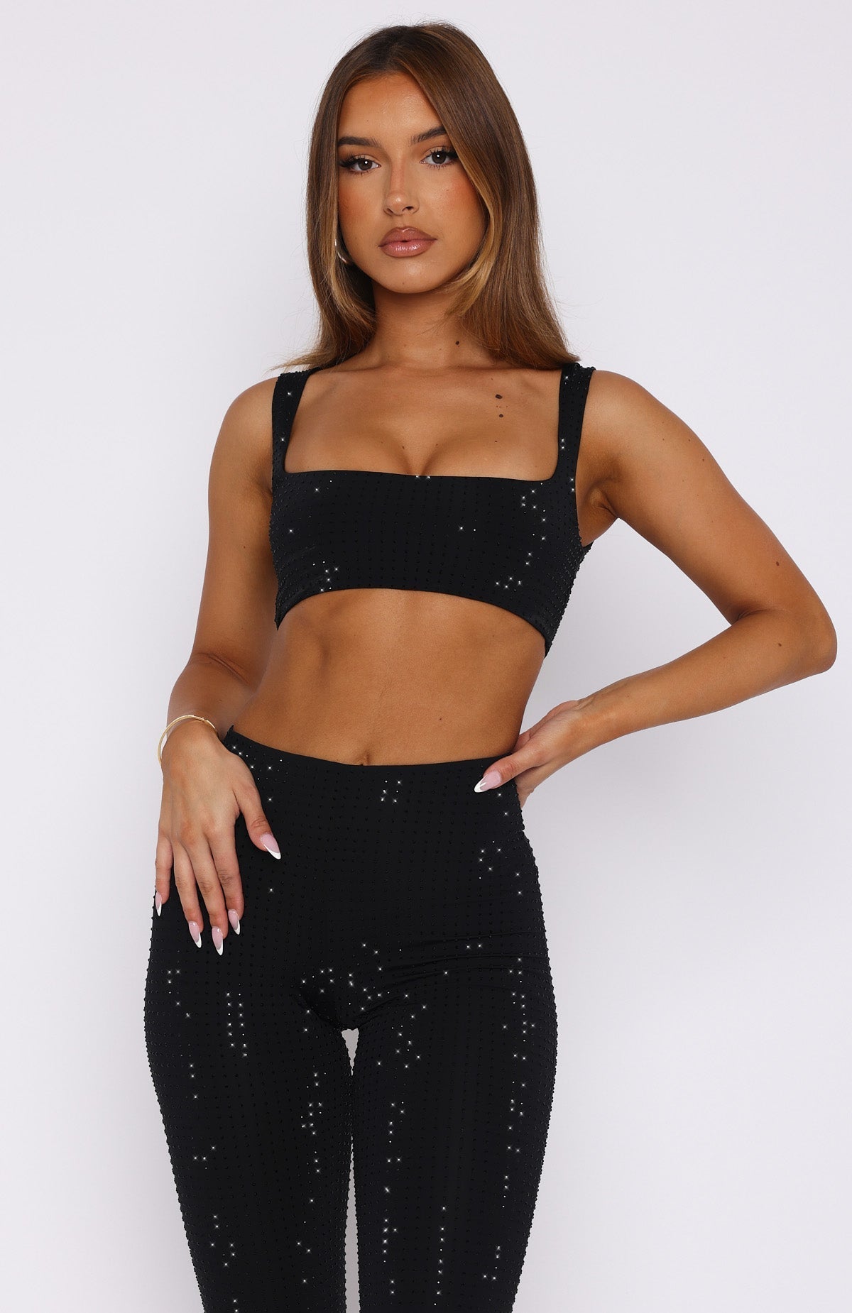 White Fox Running Late Embellished Crop Black