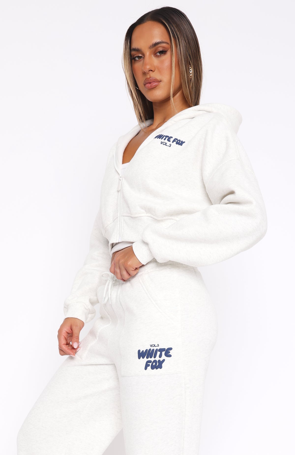 White Fox Offstage Cropped Zip Hoodie Mineral Grey