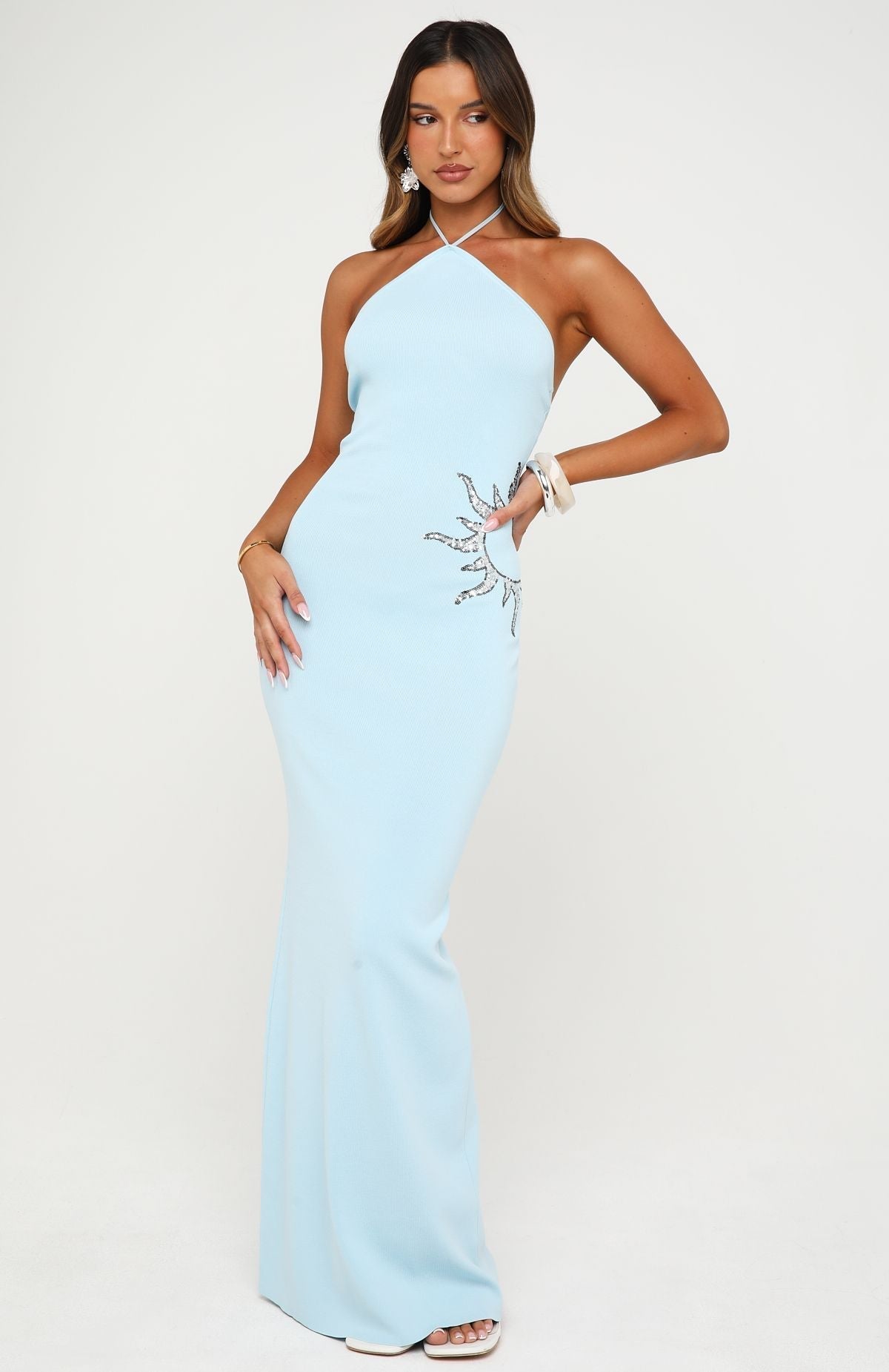White Fox Sunflare Knit Maxi Dress Ice Blue