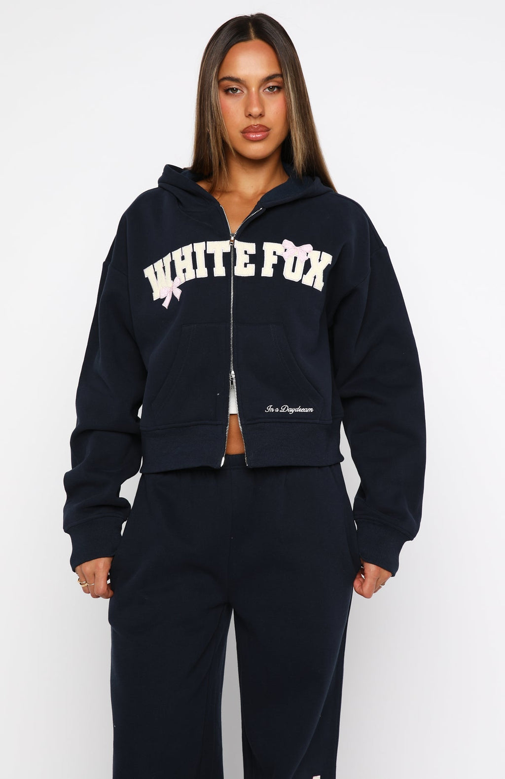 White Fox Daydreamers Madeline Boxy Zip Front Hoodie Navy