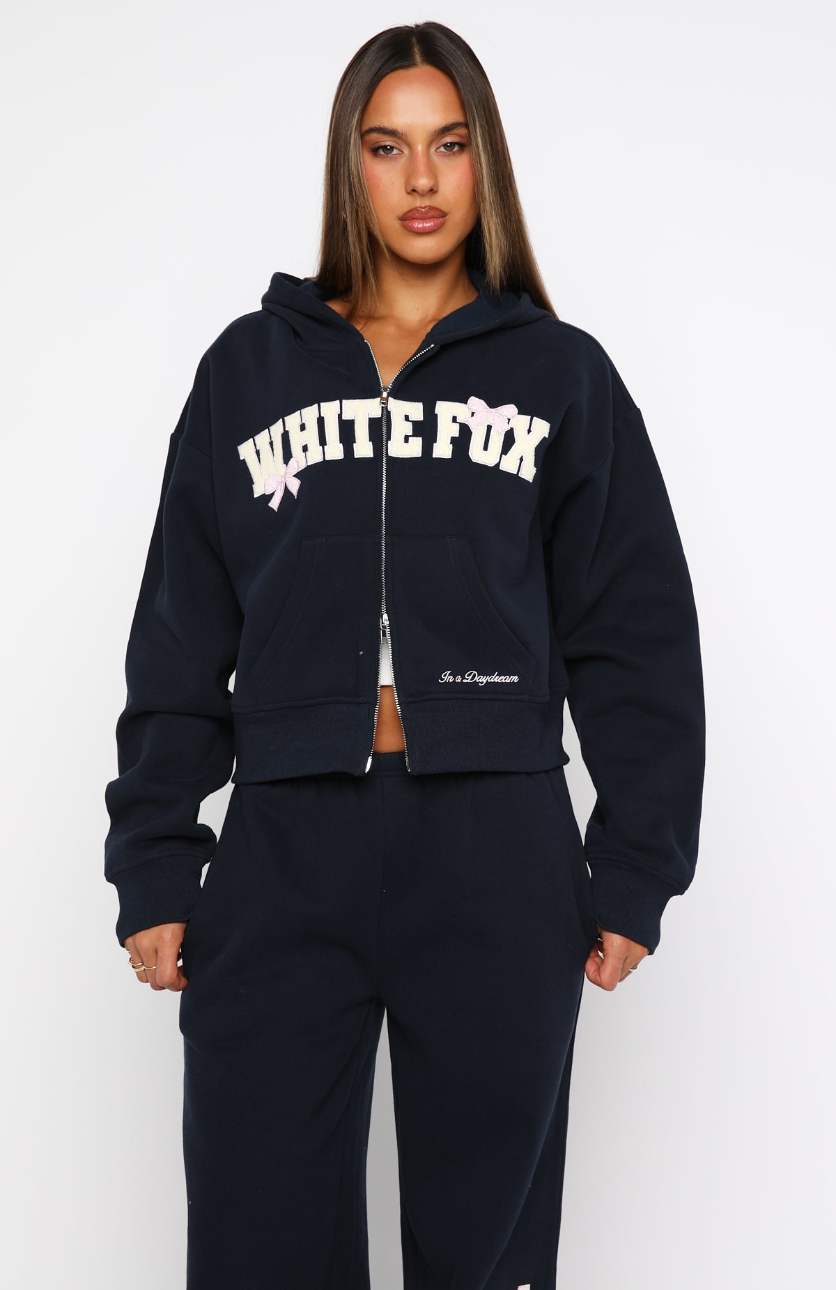 White Fox Daydreamers Madeline Boxy Zip Front Hoodie Navy