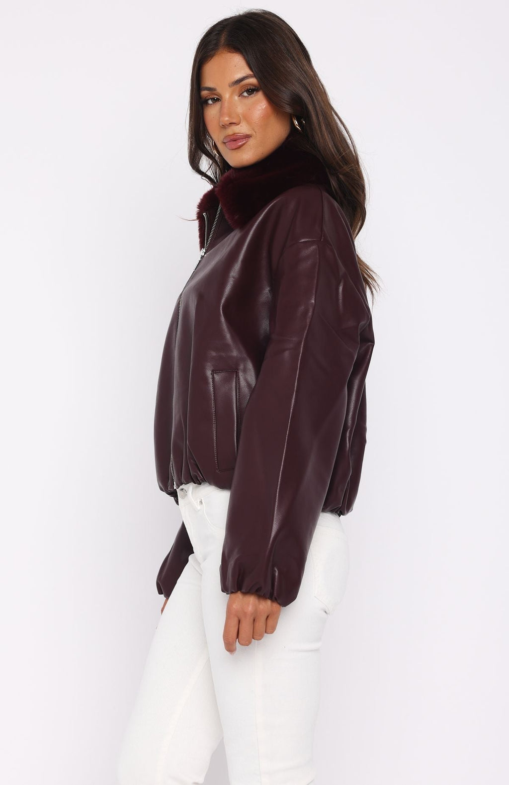 White Fox No Competition PU Bomber Jacket Burgundy