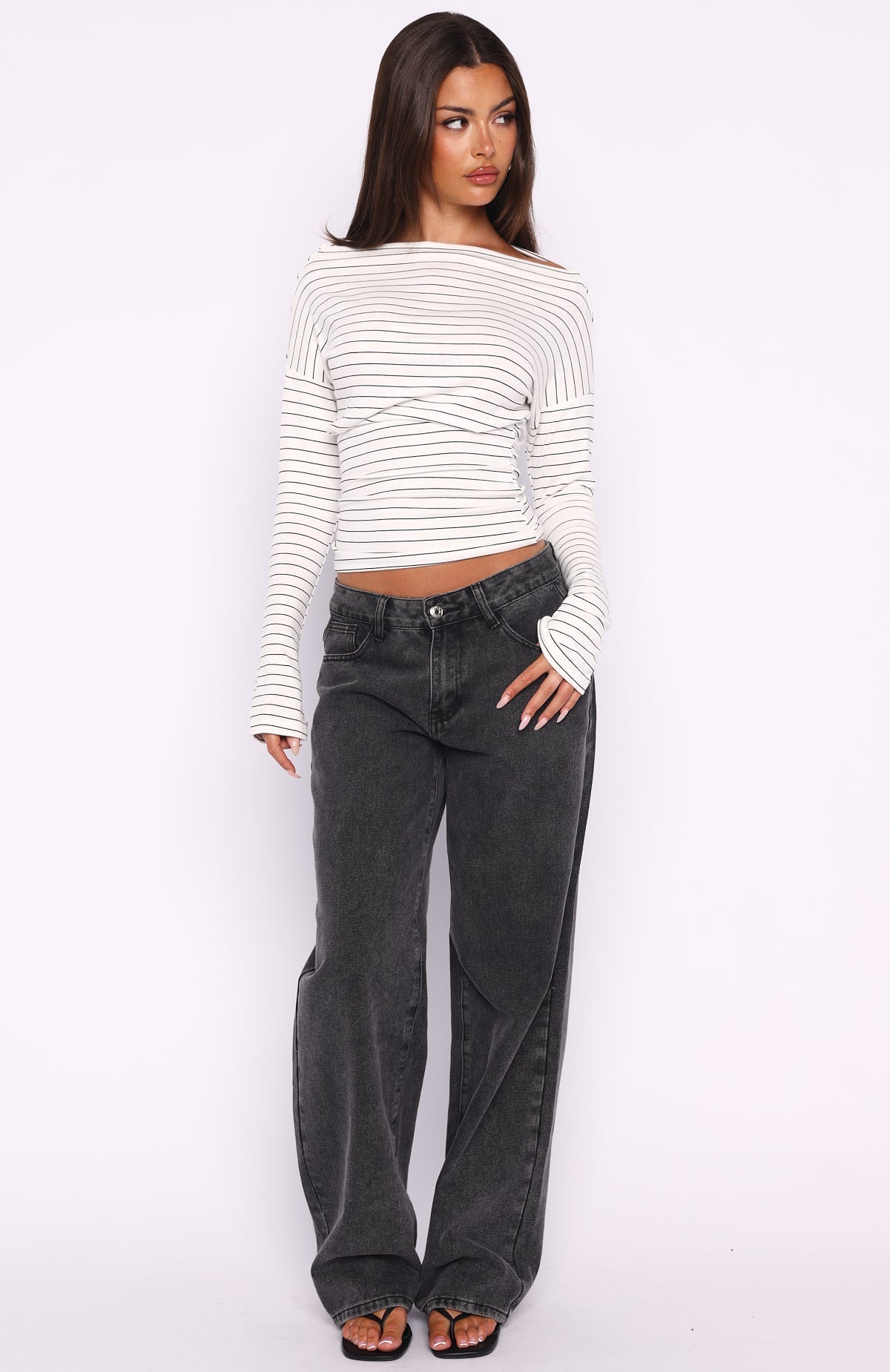 White Fox Another Time Cinched Waist Long Sleeve Top White Stripe