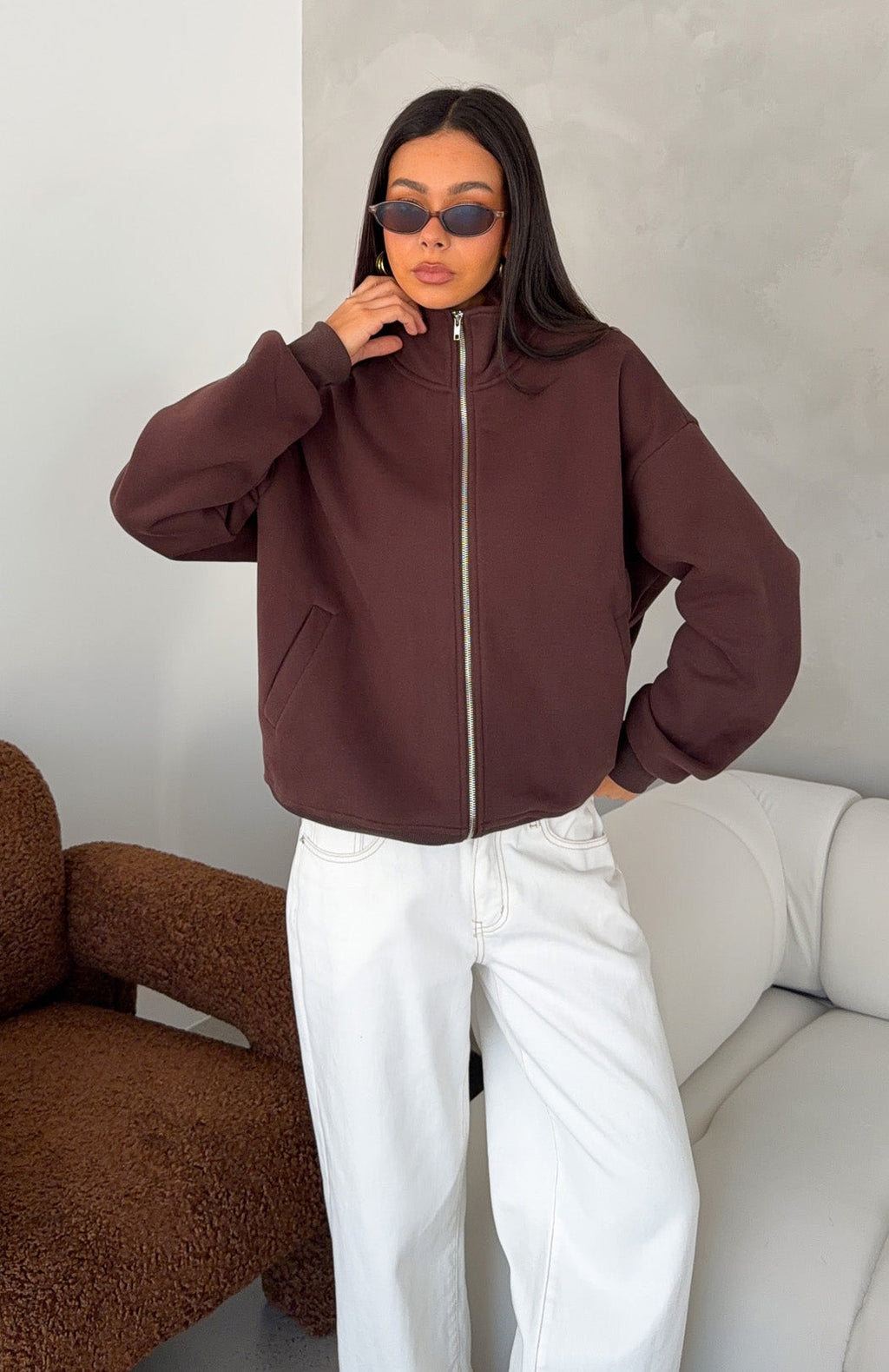 White Fox Such A Dream Oversized Zip Front Funnel Neck Jacket Chocolate