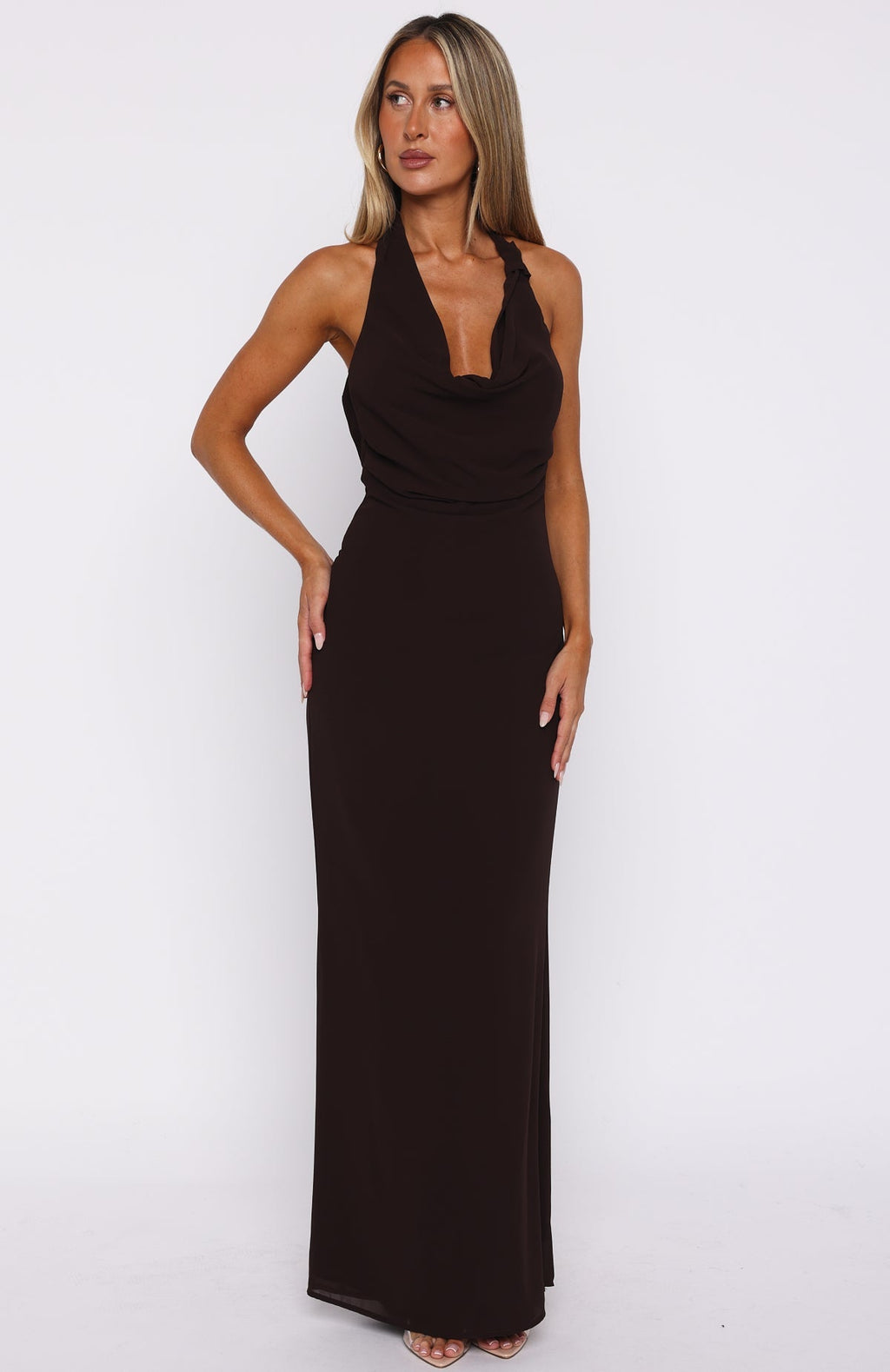 White Fox Always In Mode Halter Maxi Dress Chocolate