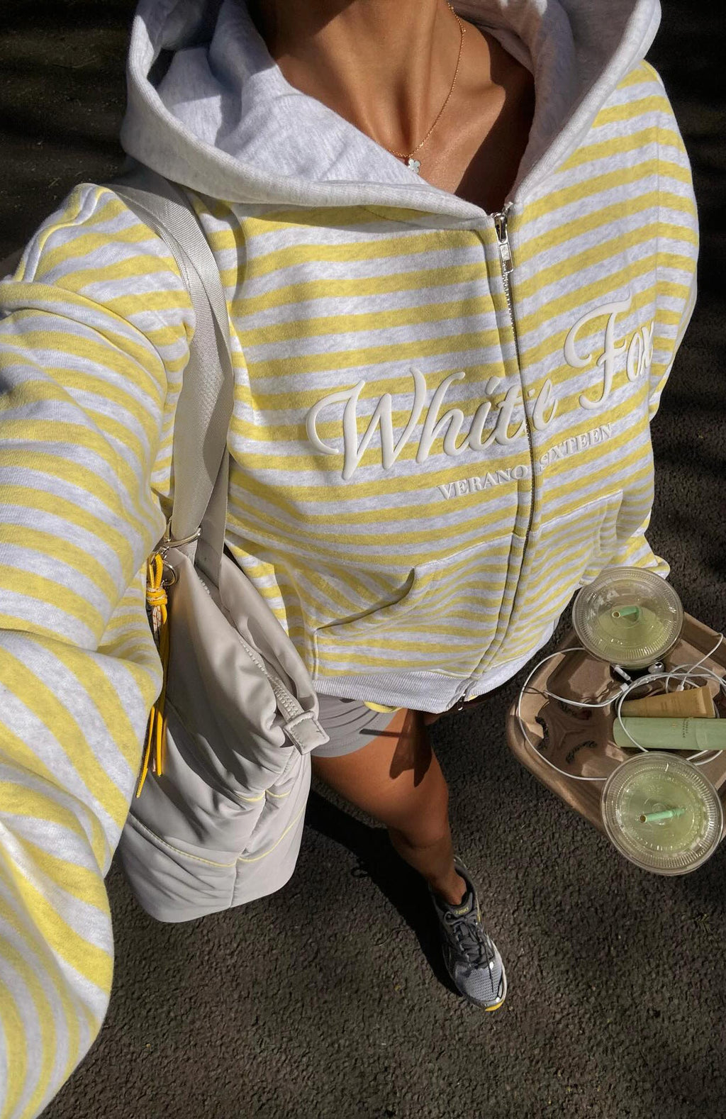 White Fox Verano Sixteen Maria Boxy Zip Front Hoodie Grey Marle/Lemon Stripe