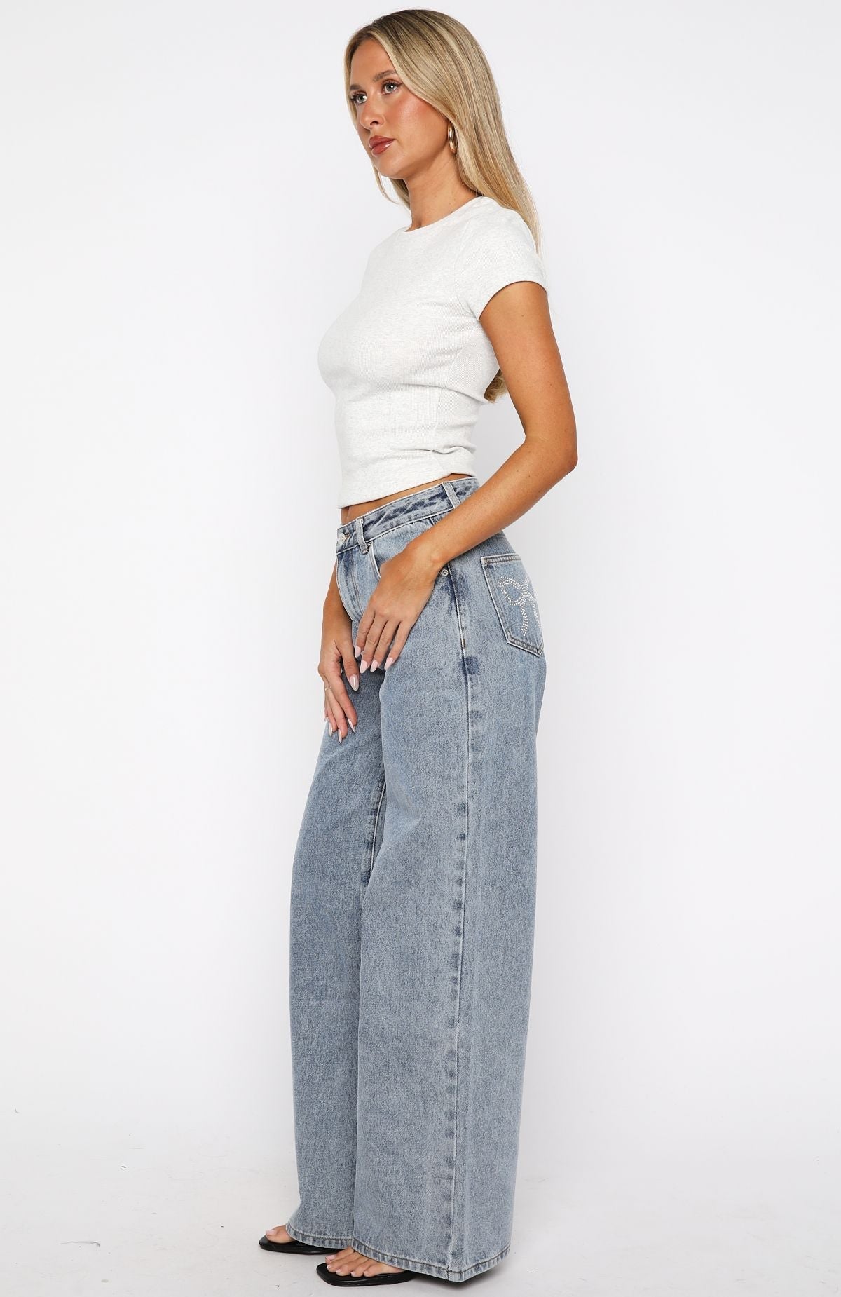 White Fox Bring The Drama Mid Rise Wide Leg Jeans Mid Blue