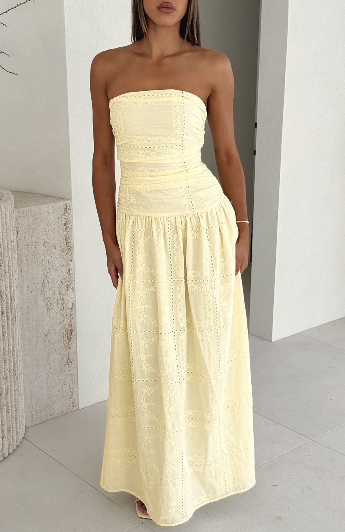 White Fox Bittersweet Babe Strapless Broderie Maxi Dress Butter
