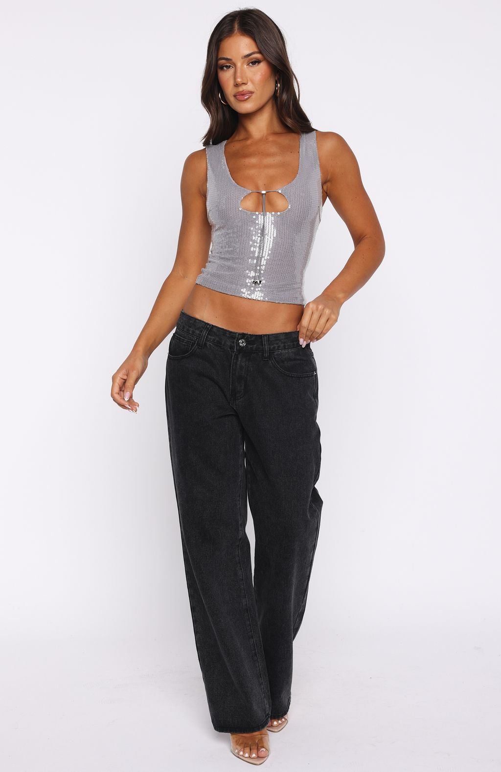 White Fox Nostalgic Nights Sequin Top Smoke