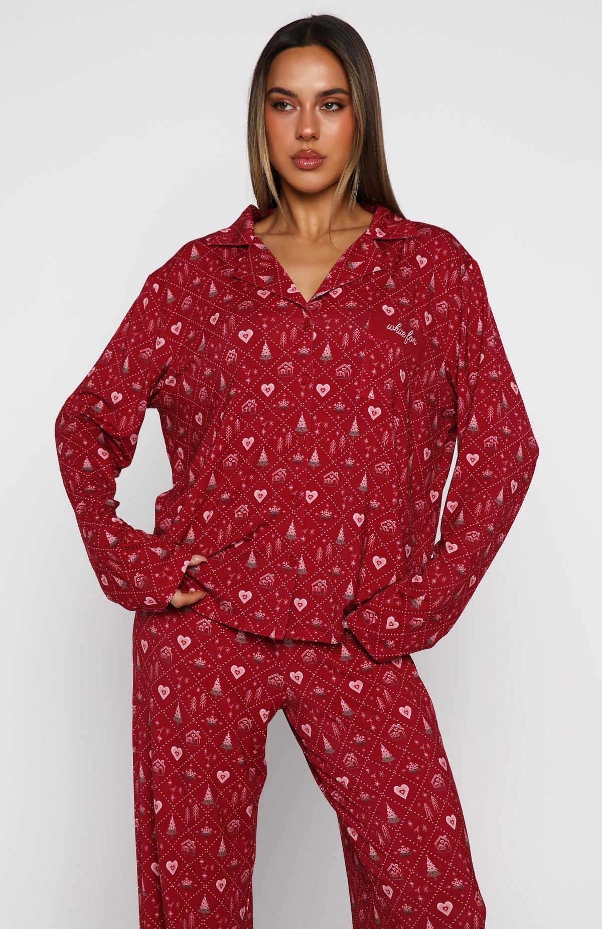 White Fox Pillow Talk Printed Long Sleeve Pyjama Set Cherry Noel
