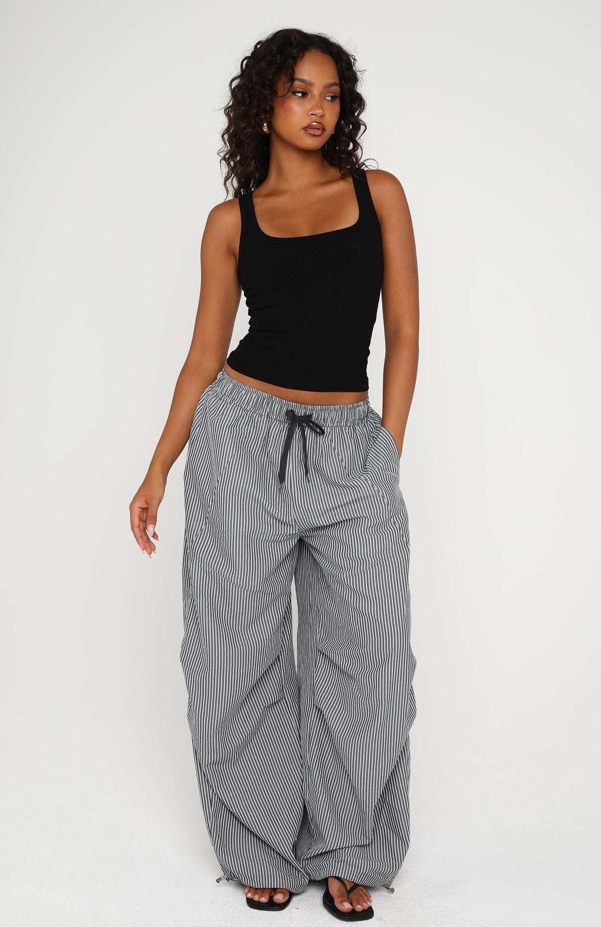 White Fox Say When Barrel Leg Pants Charcoal Stripe