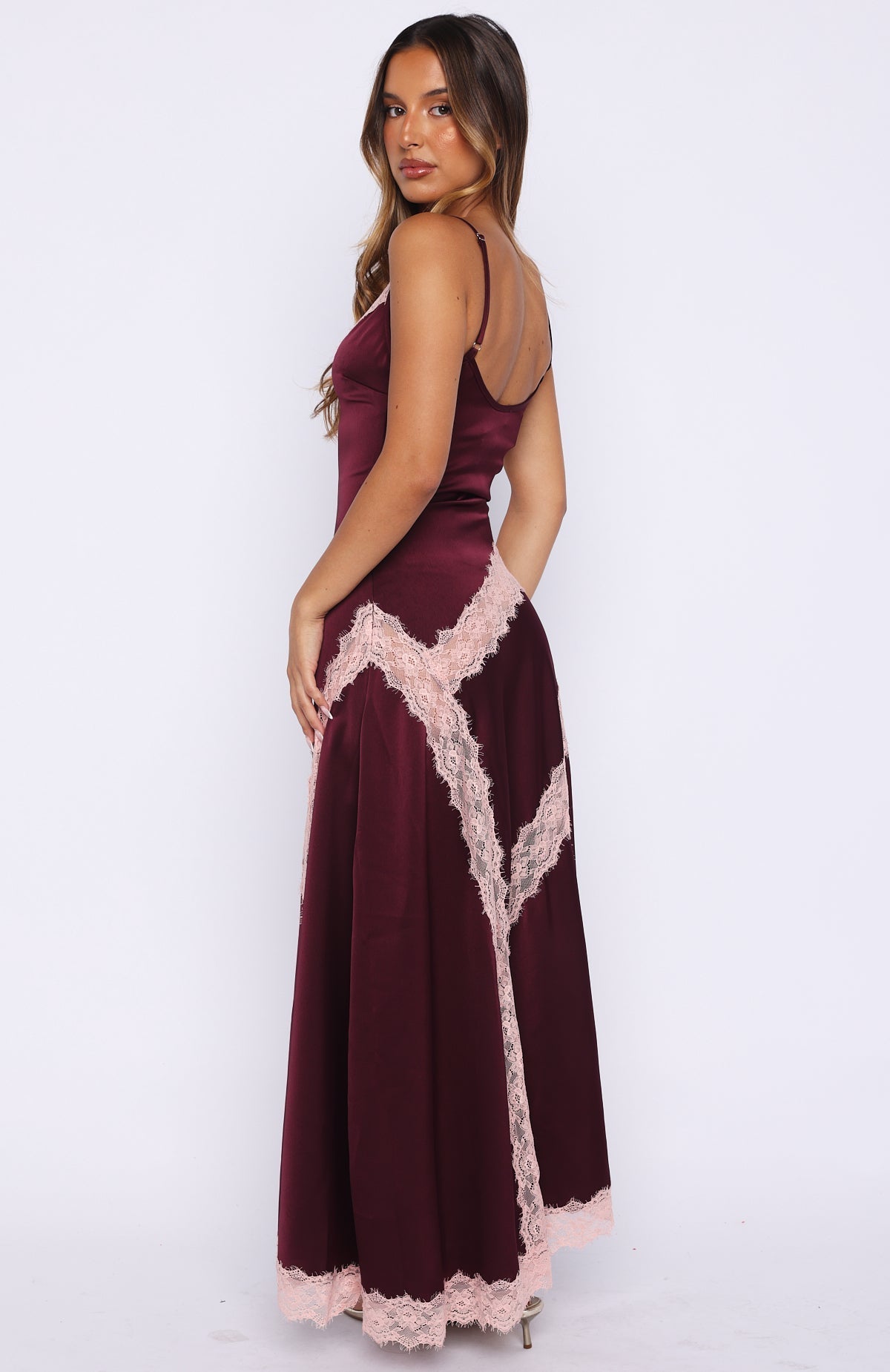 White Fox Powerful Pose Satin Maxi Dress Plum/Baby Pink