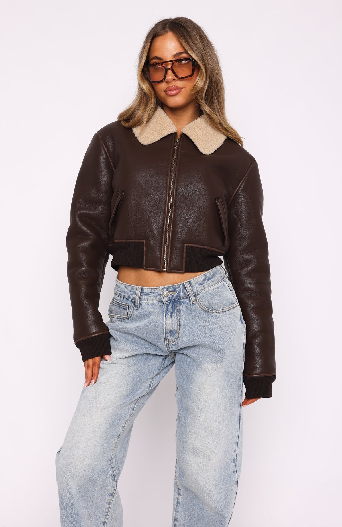 White Fox For The People PU Bomber Jacket Chocolate