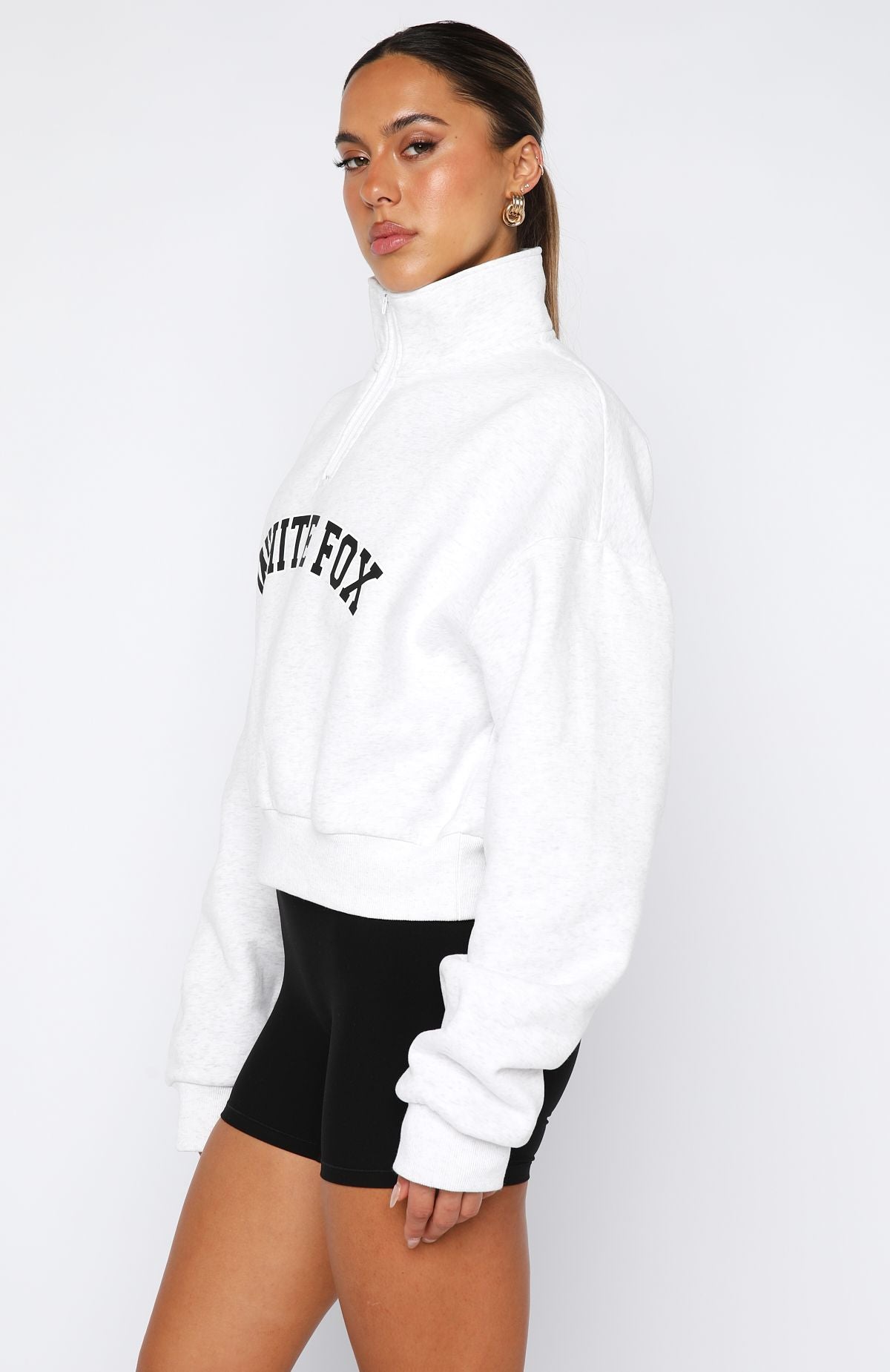 White Fox Let The Bells Ring Cropped Quarter Zip Sweater Grey Marle