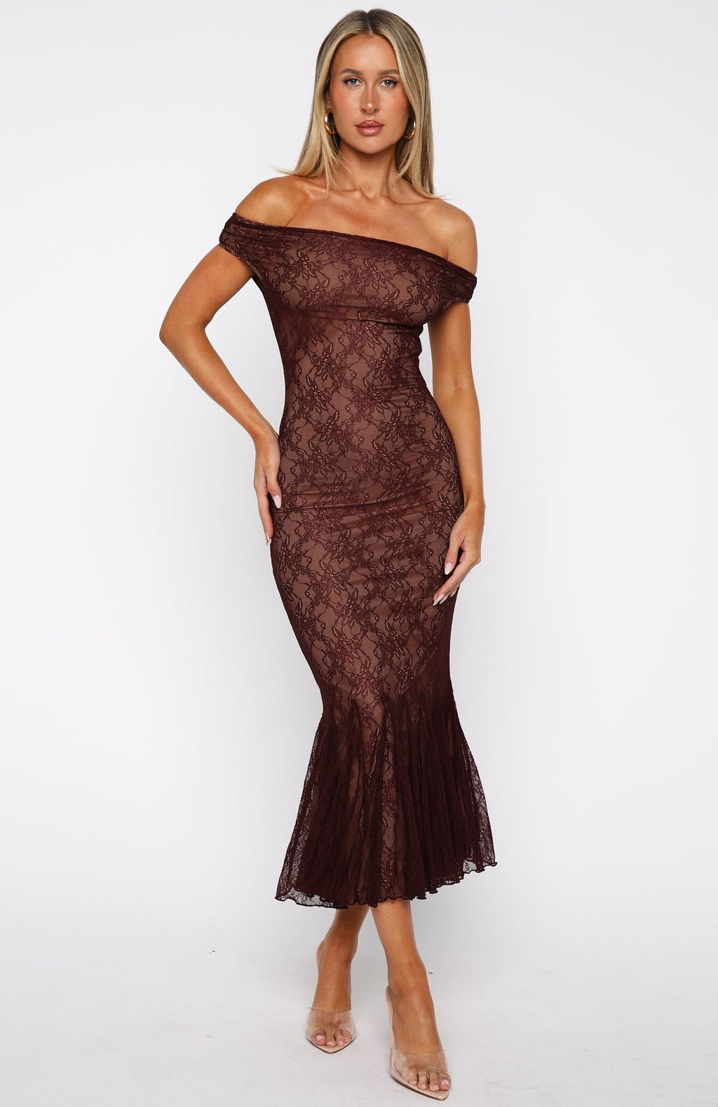 White Fox Defied The Odds Off Shoulder Lace Maxi Dress Wine