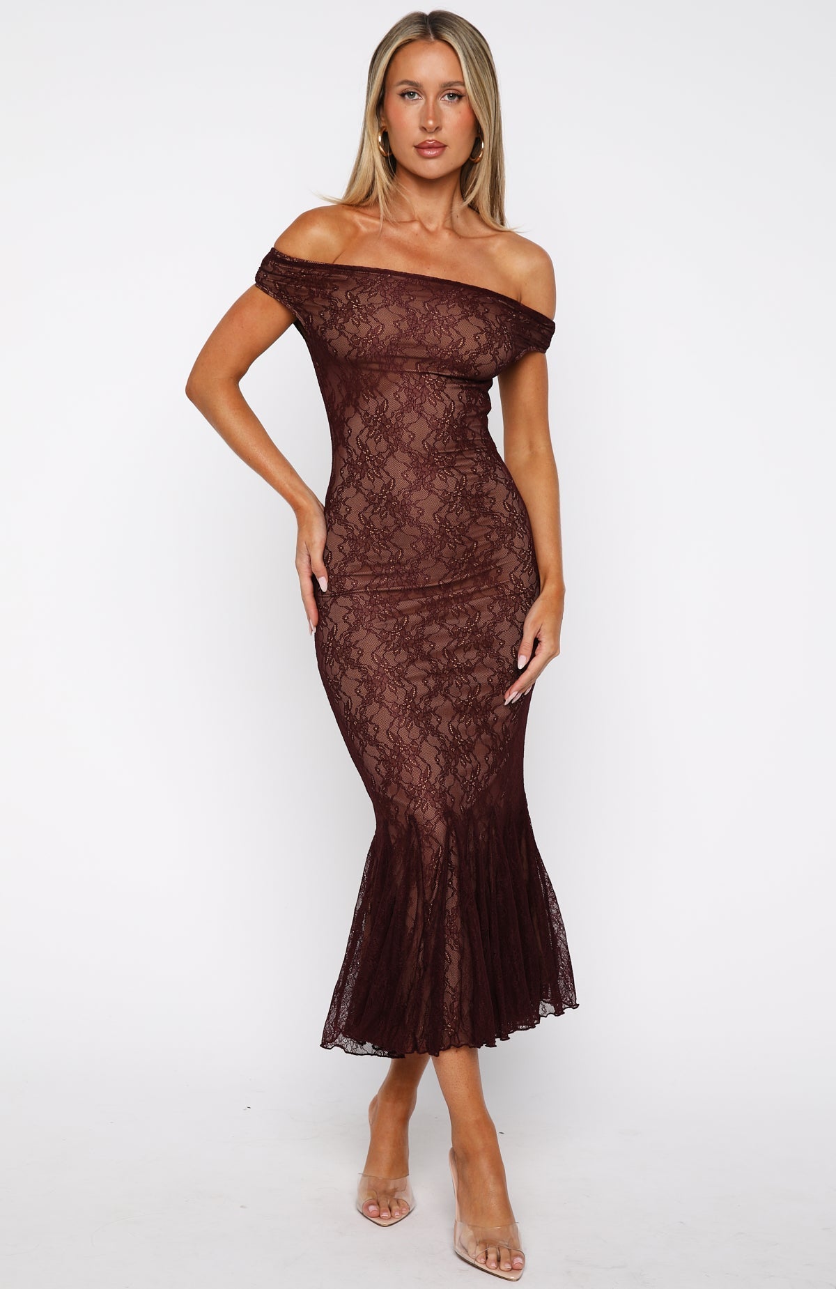 White Fox Defied The Odds Off Shoulder Lace Maxi Dress Wine