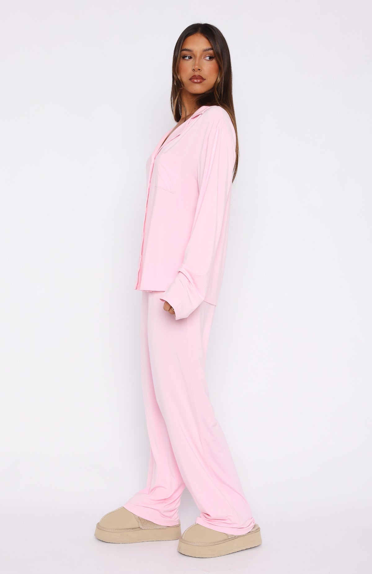 White Fox Pillow Talk Long Sleeve Pyjama Set Baby Pink