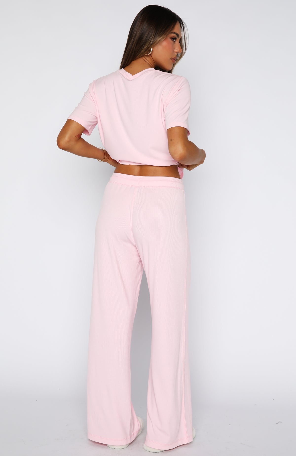 White Fox Come A Long Way Soft Lounge Ribbed Wide Leg Pants Pink