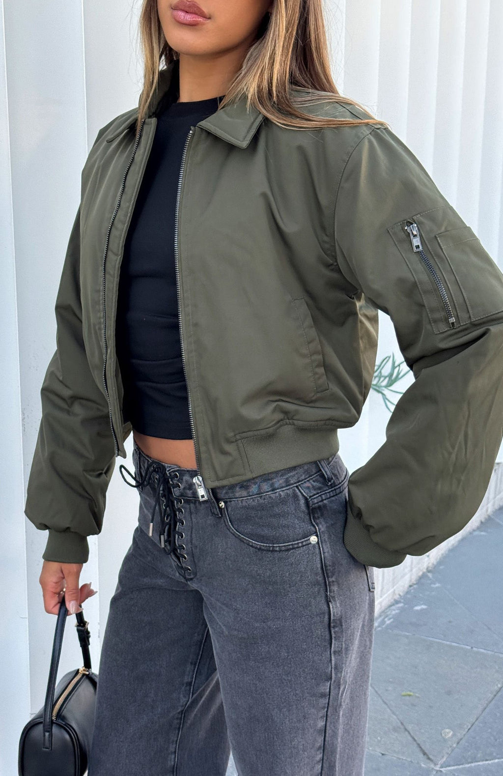 White Fox Something Forgotten Bomber Jacket Khaki