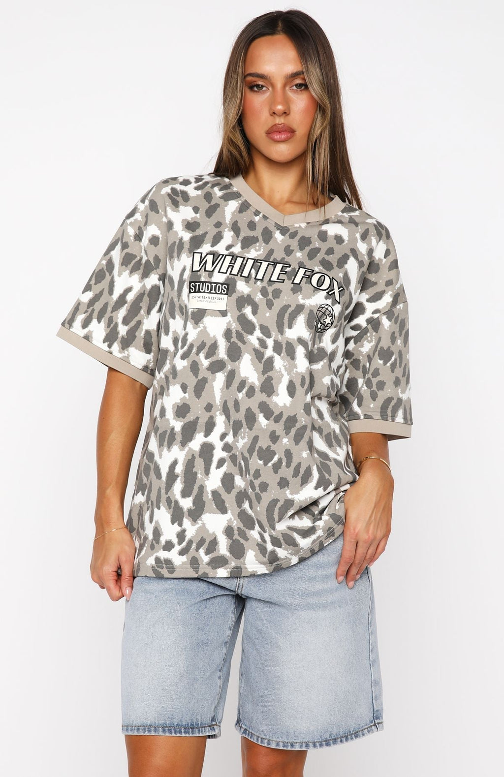 White Fox Let's Just Leave Oversized Jersey Washed Leopard Print